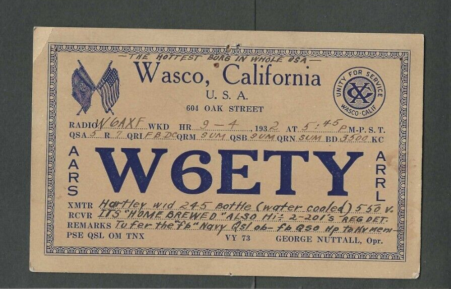 1932 Early Ham Radio (QSL) Card Call Letters W6ETY Wasco Ca