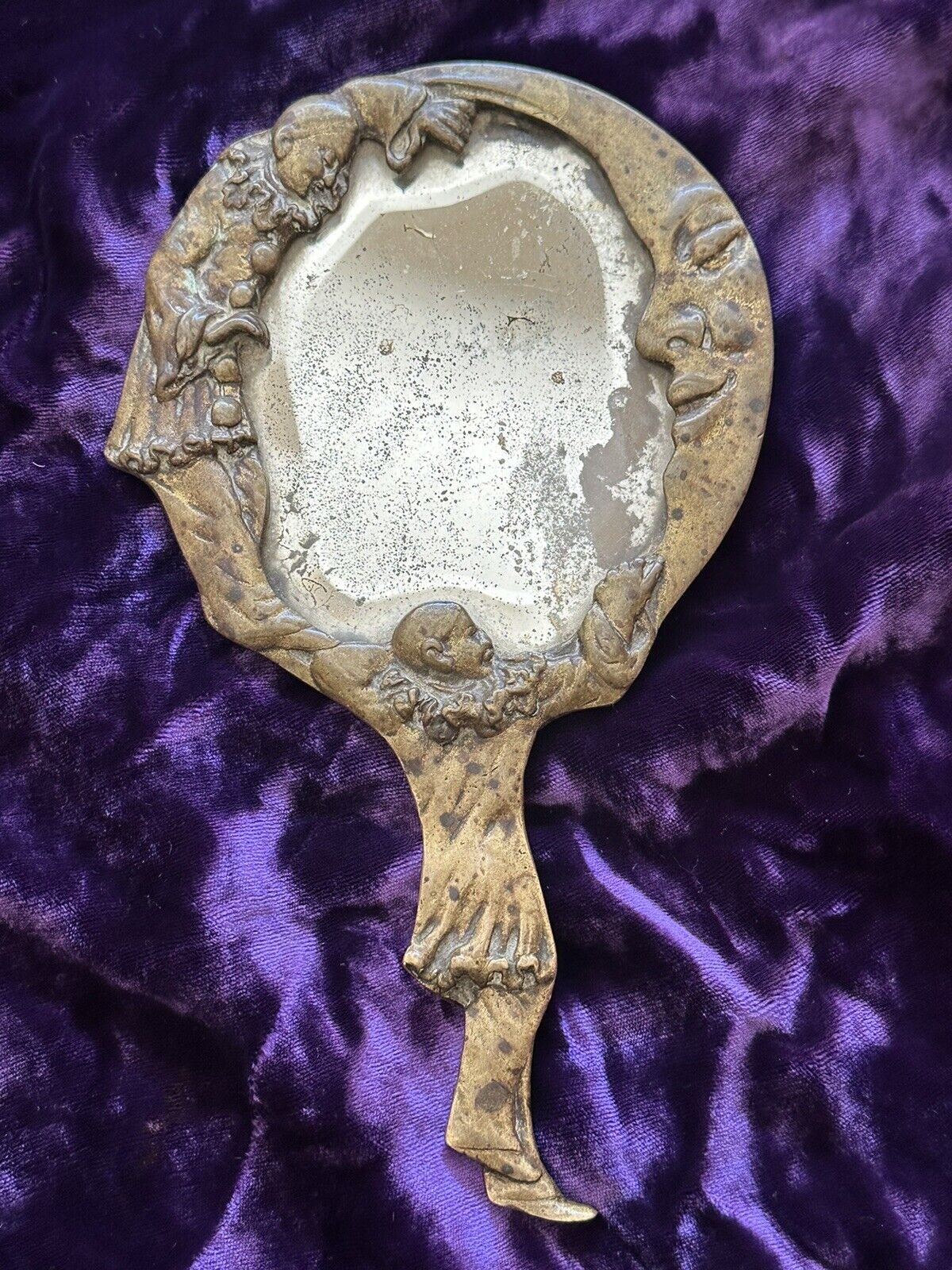 Antique 1920s French Art Deco Pierrot moon brass vanity hand mirror ( As Is)