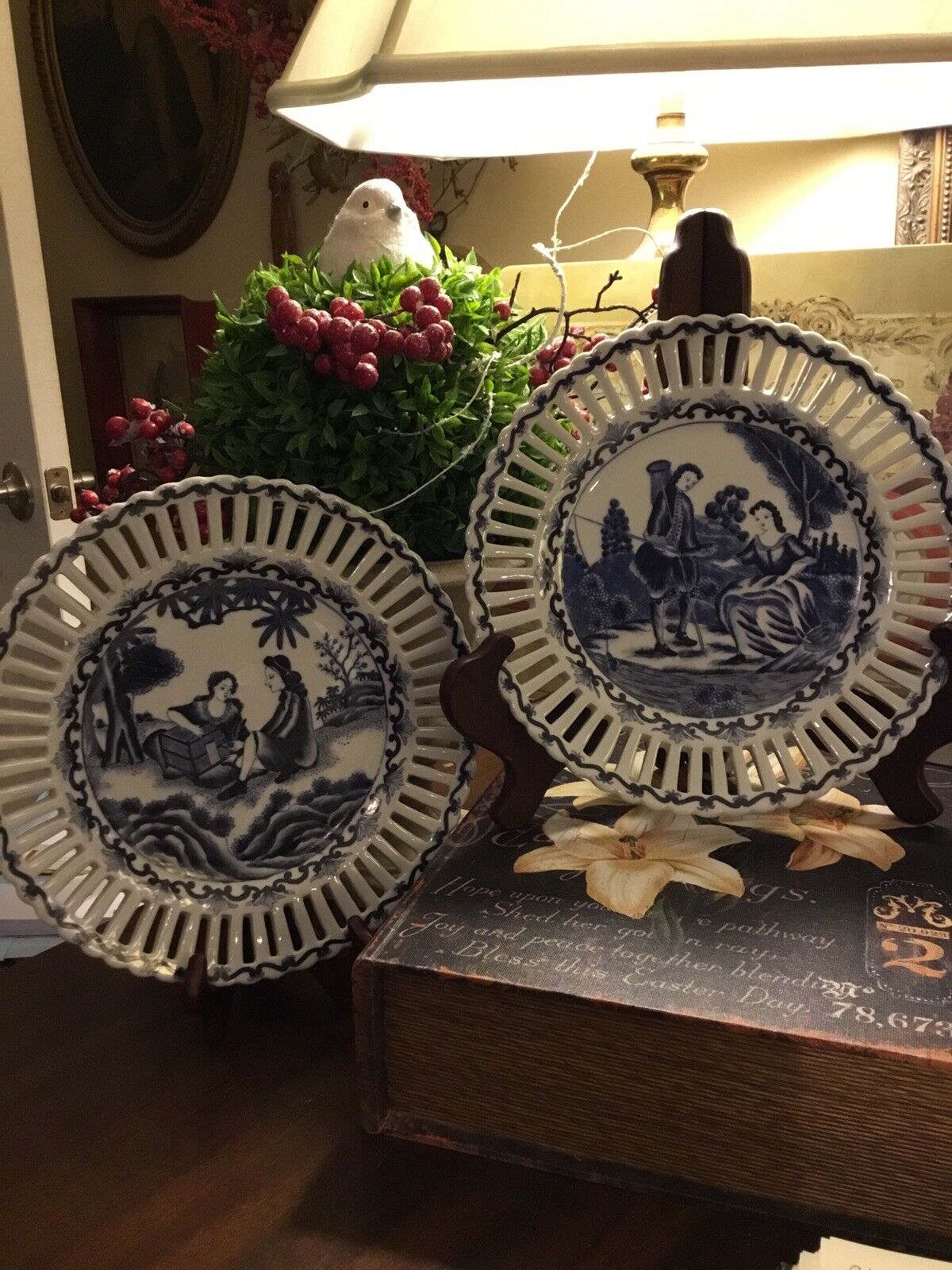 (2) Decorative Pierced Blue & White Plates~18th Century People~Unique~FREE SHIP~