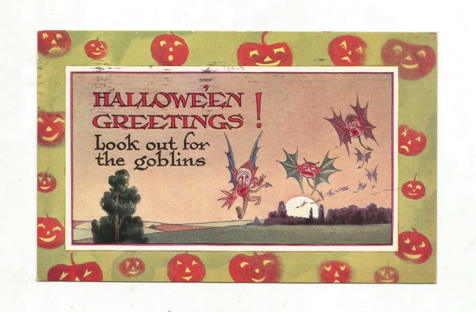 C.1913 HALLOWEEN POSTCARD PUBLISHED BY GIBSON ART ~GOBLINS FLYING AT DUSK~