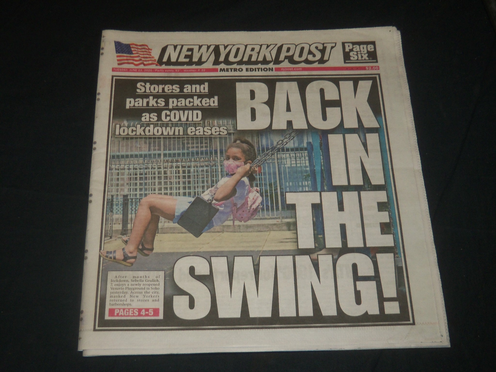 2020 JUNE 23 NEW YORK POST NEWSPAPER - BACK IN THE SWING - LOCKDOWN EASES 2020 JUNE 23 NEW YORK POST NEWSPAPER - BACK IN THE SWING - LOCKDOWN EASES