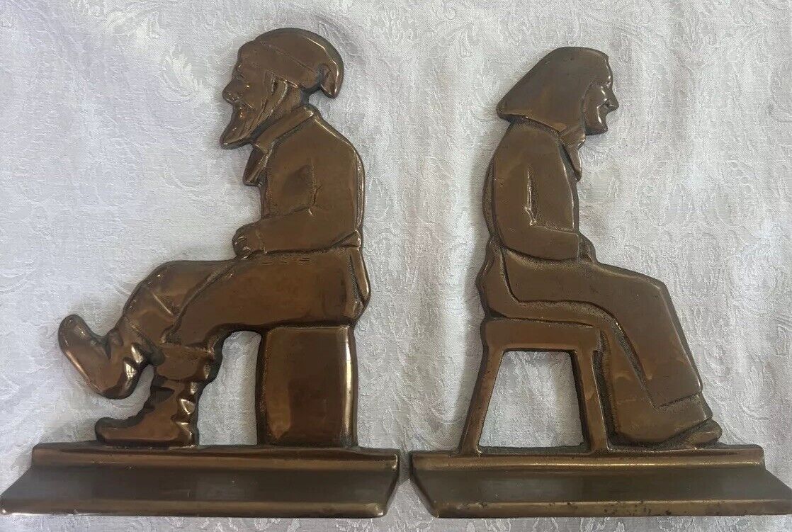 Vintage Unique Rare Bronze Metal Old Man Woman Heavy Bookends