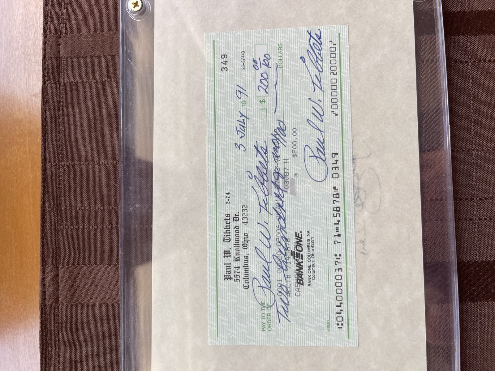 Paul Tibbets Signed Personal Check WWII Enola Gay Pilot , Signed 3 Times