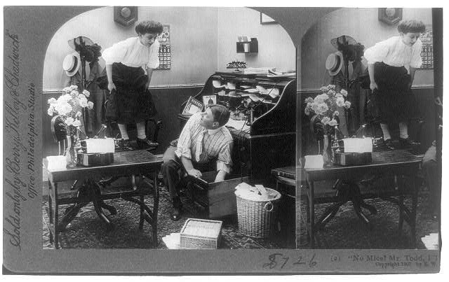 Photo:1907 Office Couple Desks Waste Basket Stereo Card No Mice? Mr Todd