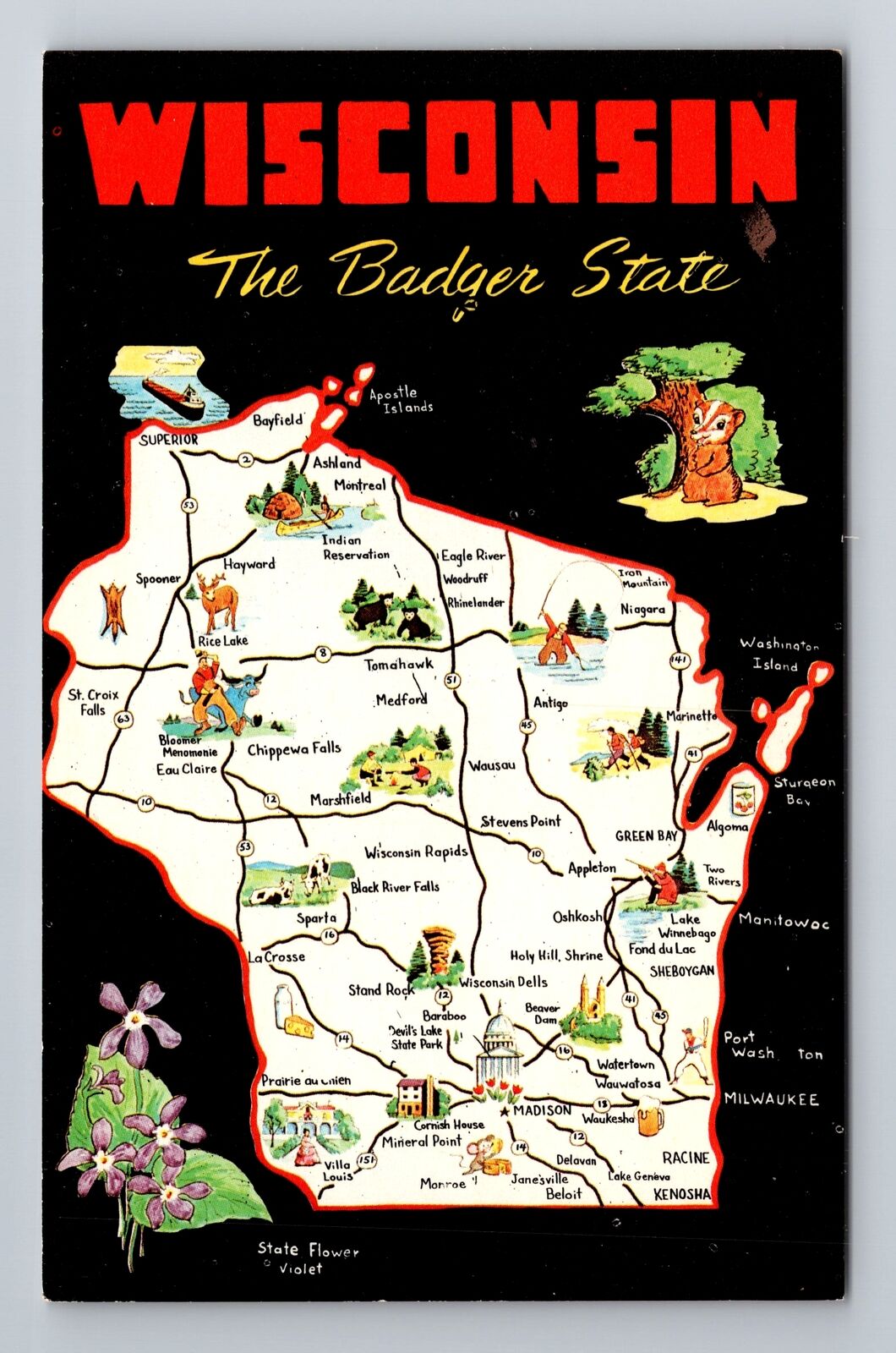 WI-Wisconsin, General Greeting, State Road Map, Landmarks, Vintage Postcard