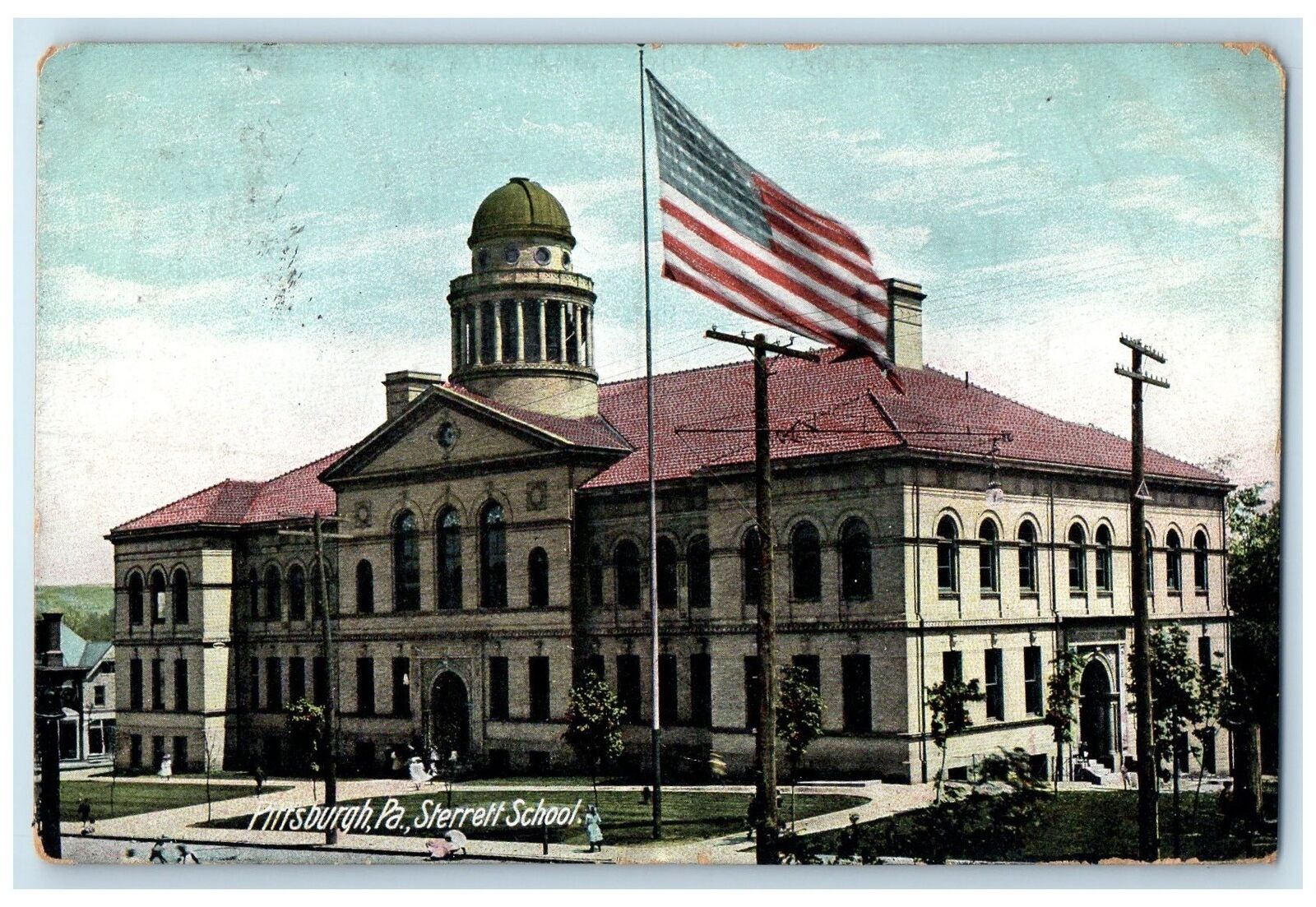 c1960\'s Sterreff School Exterior Pittsburgh Pennsylvania PA Posted Flag Postcard