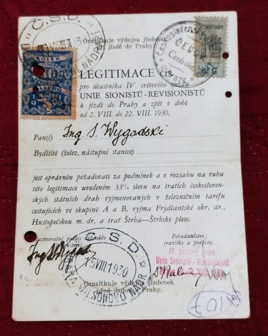 Train Discount Legitimacy Ticket To Prague Related Zionist 1930 Jewish Judaica 