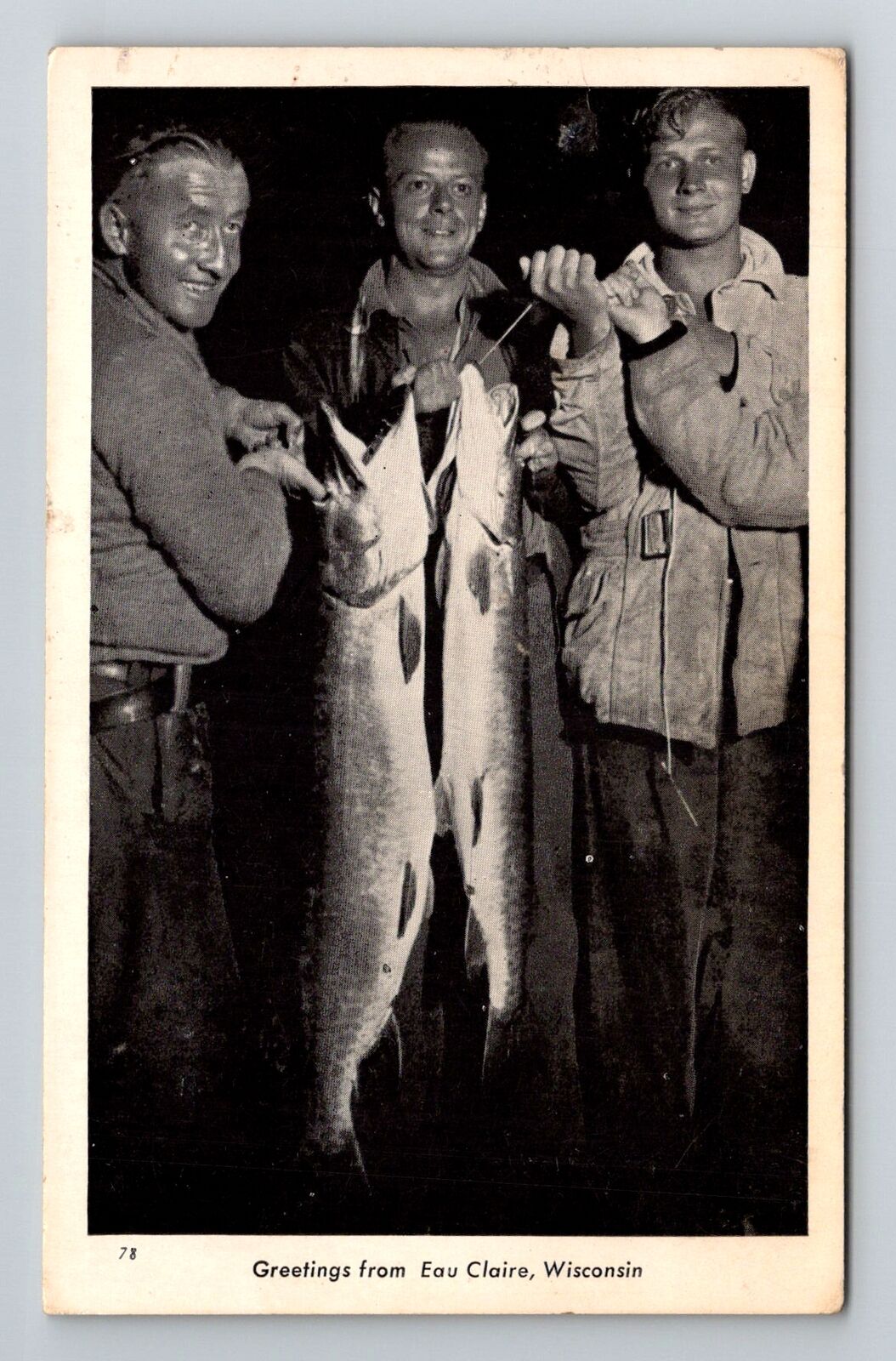 Eau Claire WI-Wisconsin, General Greetings, Men With Fishes, Vintage Postcard