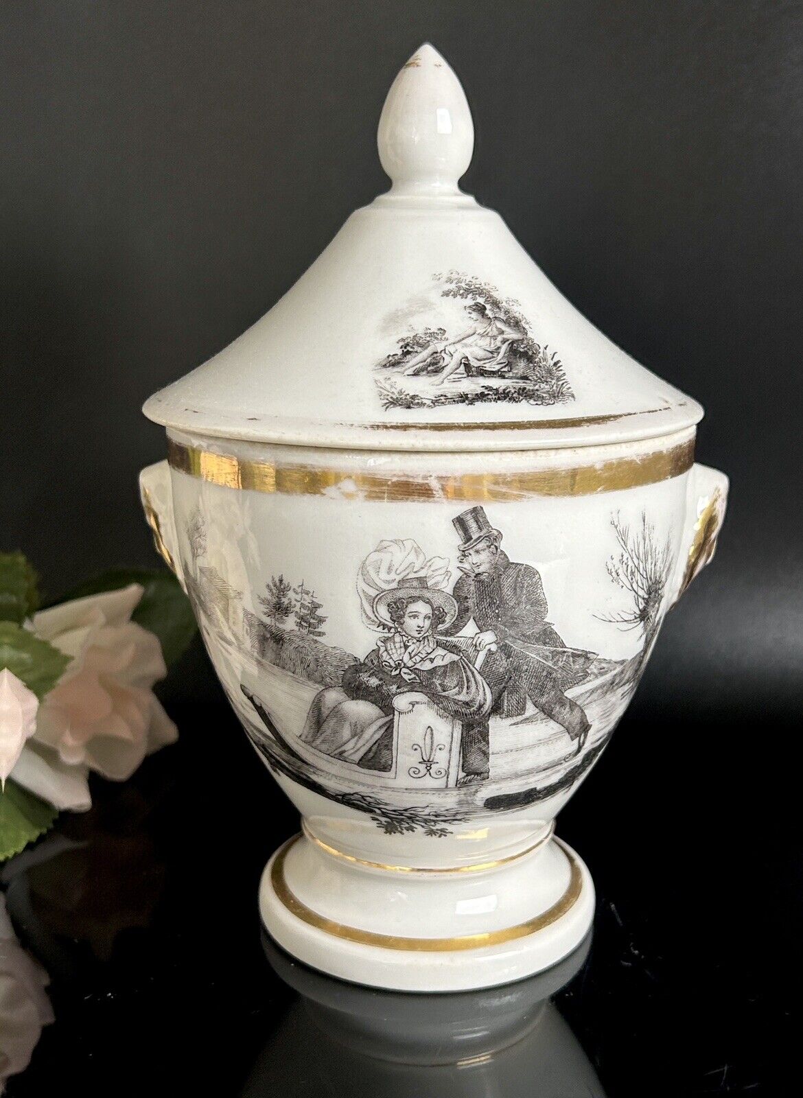 Antique Paris Porcelain Grisaille Sugar Bowl Lidded c1800-1830 7.5”H