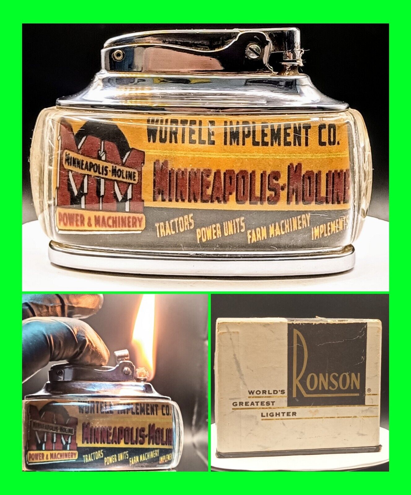 Vintage MM Minneapolis Moline Advertising Ronson Table Lighter Farm w/ Box RARE 
