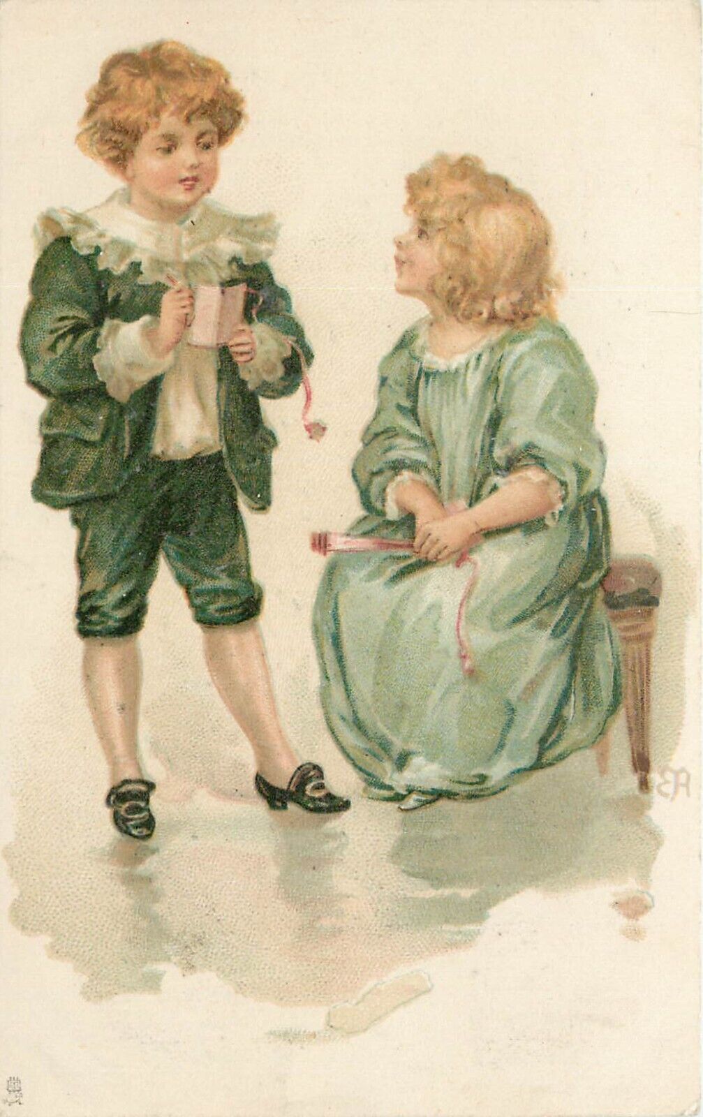 Tuck Art Postcard 1629 Party Invitation, Boy w/ Dance Card, Seated Girl in Green