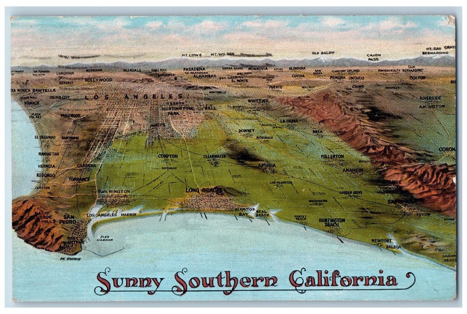 c1910's Map With Label Beaches Mountains Sunny Southern California CA Postcard