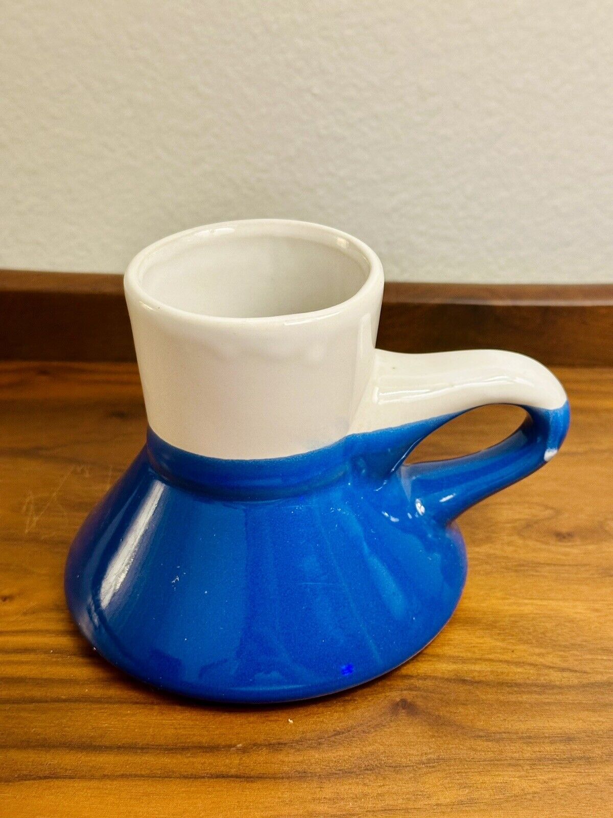 Vintage MCM Wide Bottom No Spill Coffee Mug Stoneware White Blue Glaze Pottery