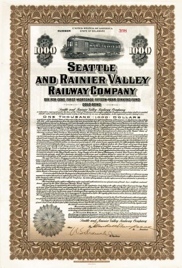 Seattle and Rainier Valley Railway - Bond (Uncanceled) - Railroad Bonds