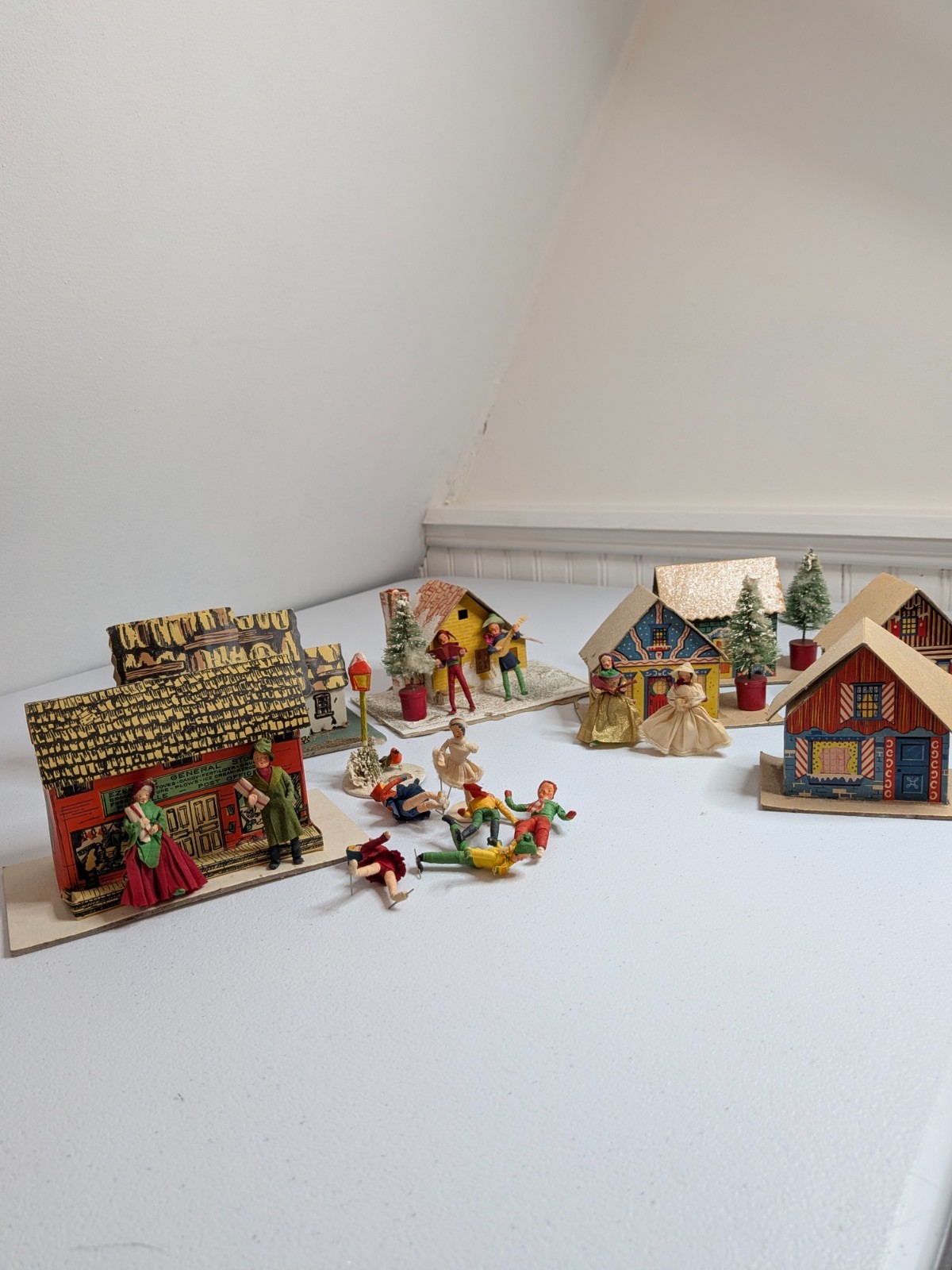 Vintage Huge Lot Of 20+ Christmas Cardboard Houses Trees & Figures Colmor Putz Vintage Huge Lot Of 20+ Christmas Cardboard Houses Trees & Figures Colmor Putz