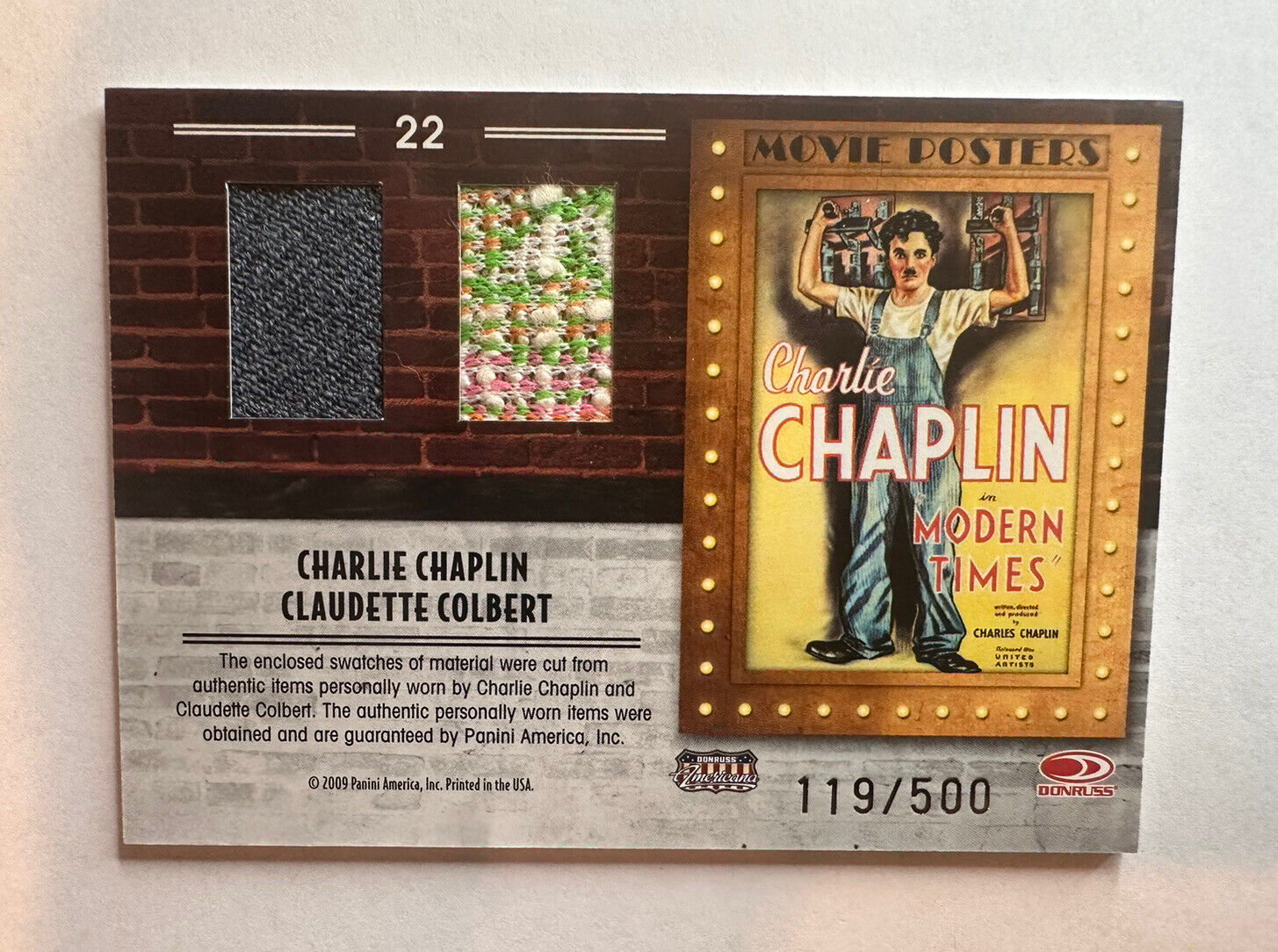 Charlie Chaplin Claudette Colbert 2009 Donruss Americana Patch Swatch Relic /500
