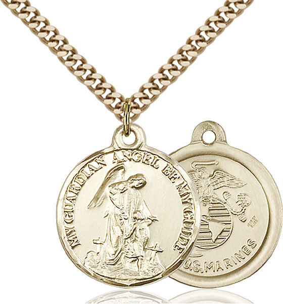 14K Gold Filled Guardain Angel Marines Military Soldier Catholic Medal Necklace