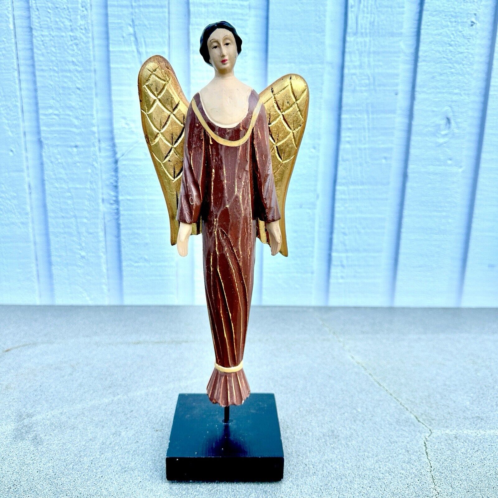 Vtg Handmade OOAK Carved Wooden Angel SANTOS REPLICA 14.5 Inches Tall Gold Wings