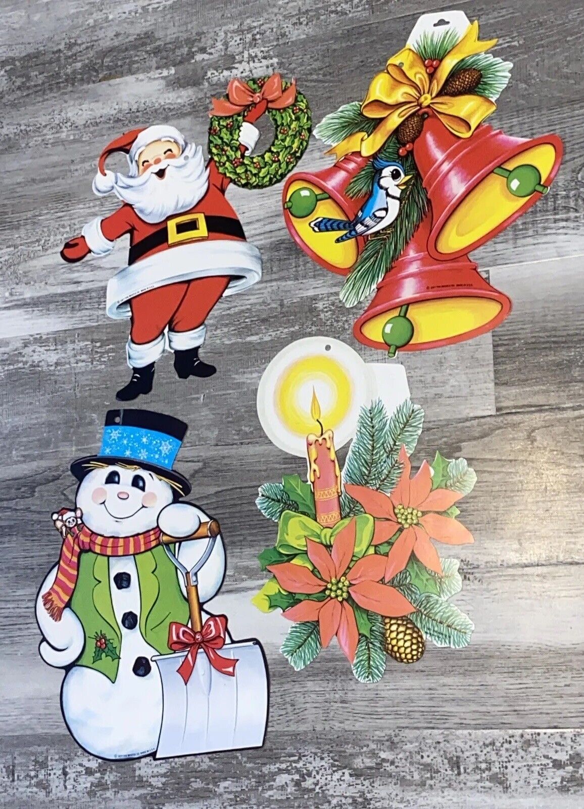 Vintage 1977 Beistle Christmas cutouts- snowman, candle, bells, Santa-set of 4
