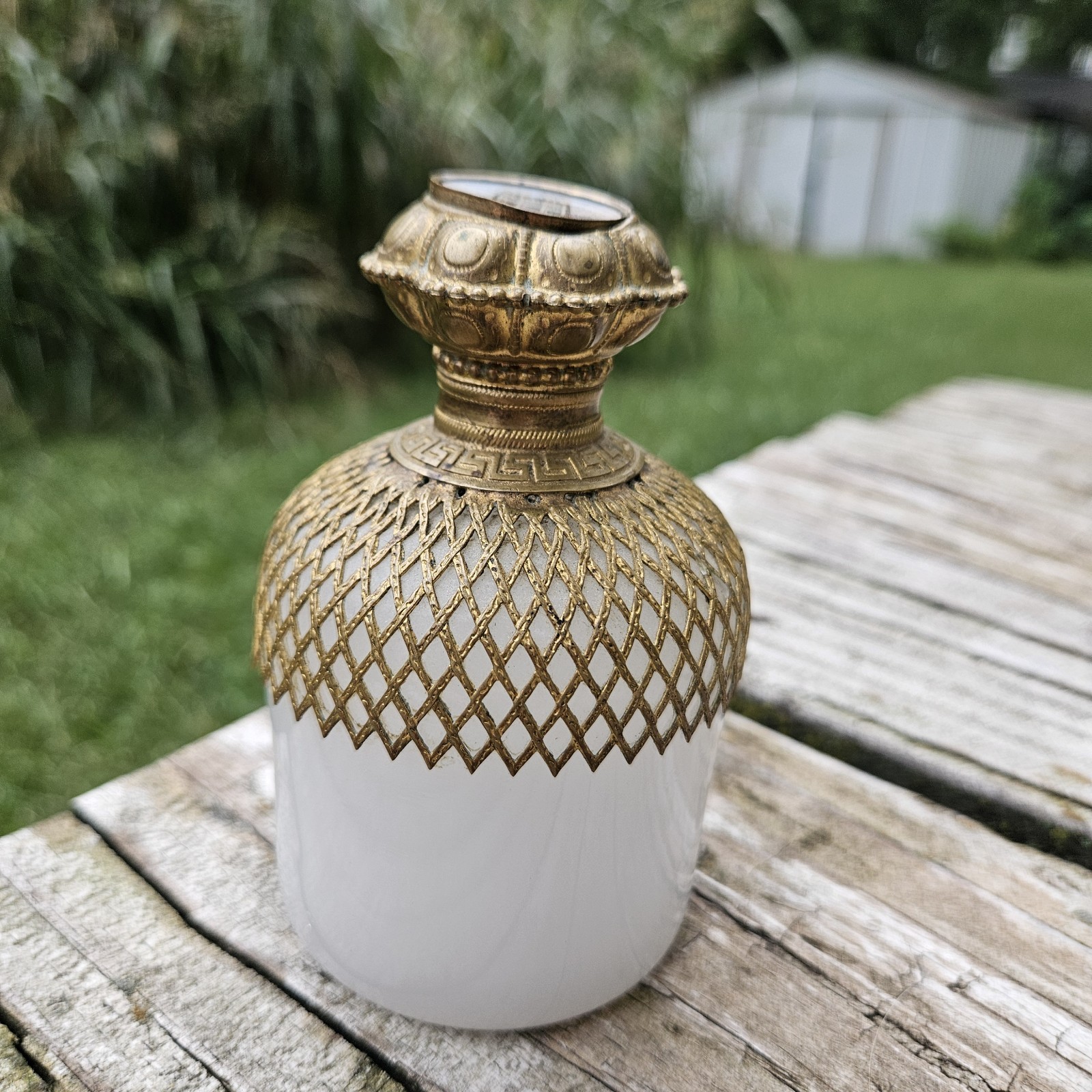 French antique opaline Eglomise Perfume Bottle, About 4 Inches Tall French antique opaline Eglomise Perfume Bottle, About 4 Inches Tall