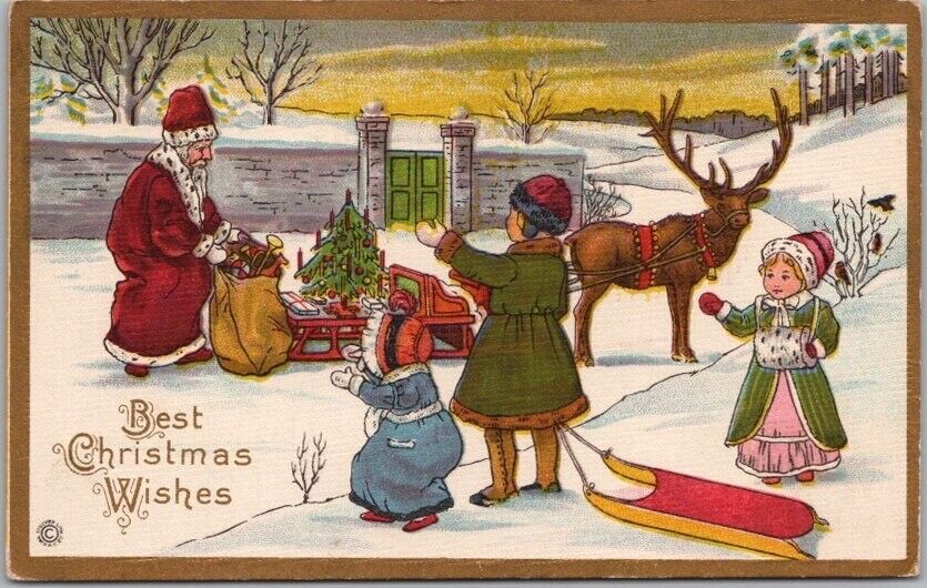 1918 CHRISTMAS Embossed Postcard SANTA CLAUS Reindeer Sled / Girls STECHER 402F