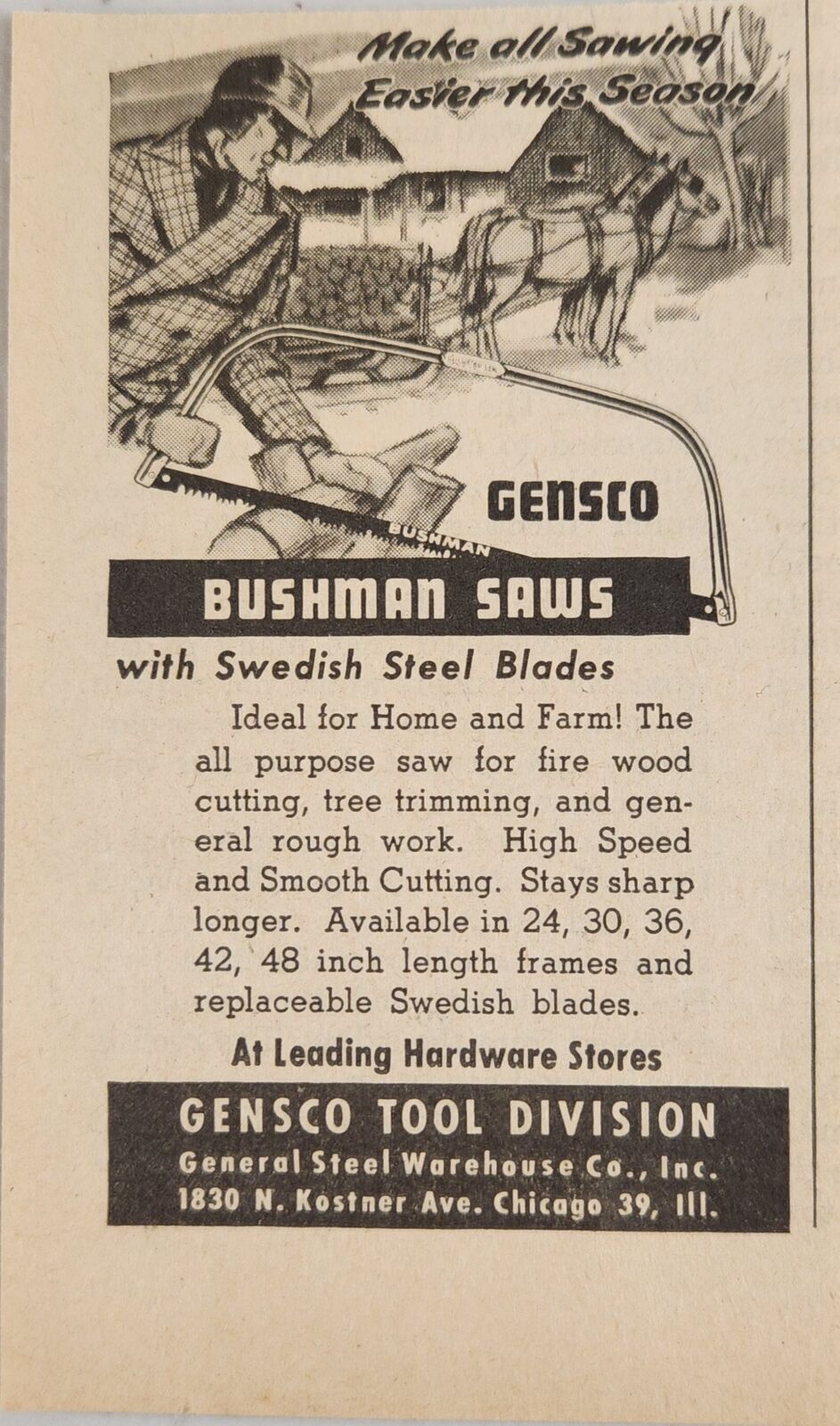 1947 Print Ad Gensco Bushman Saws Swedish Steel Blades Chicago,Illinois