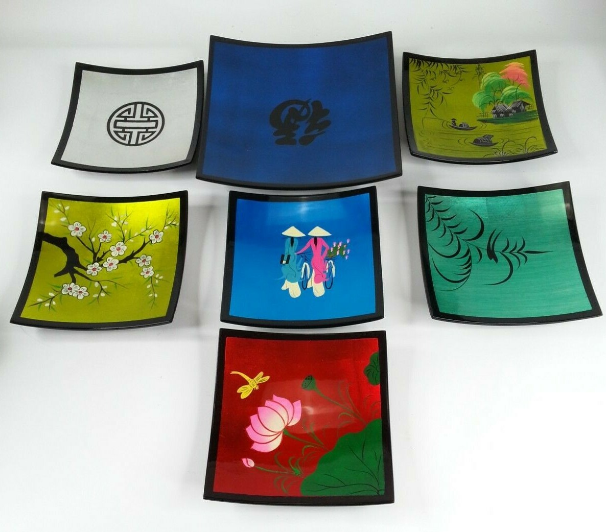 7 Unique Lacquer Plates Asian Metallic Square 