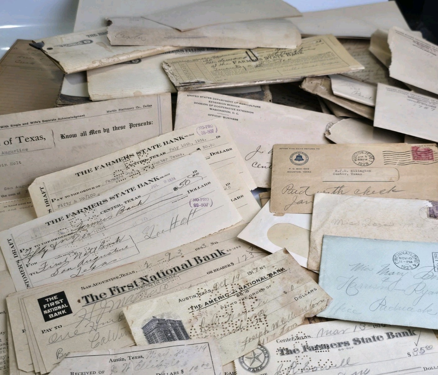 HUGE Vintage TEXAS Paper Ephemera Lot Bank Checks Court Docs Center Texas 1920s