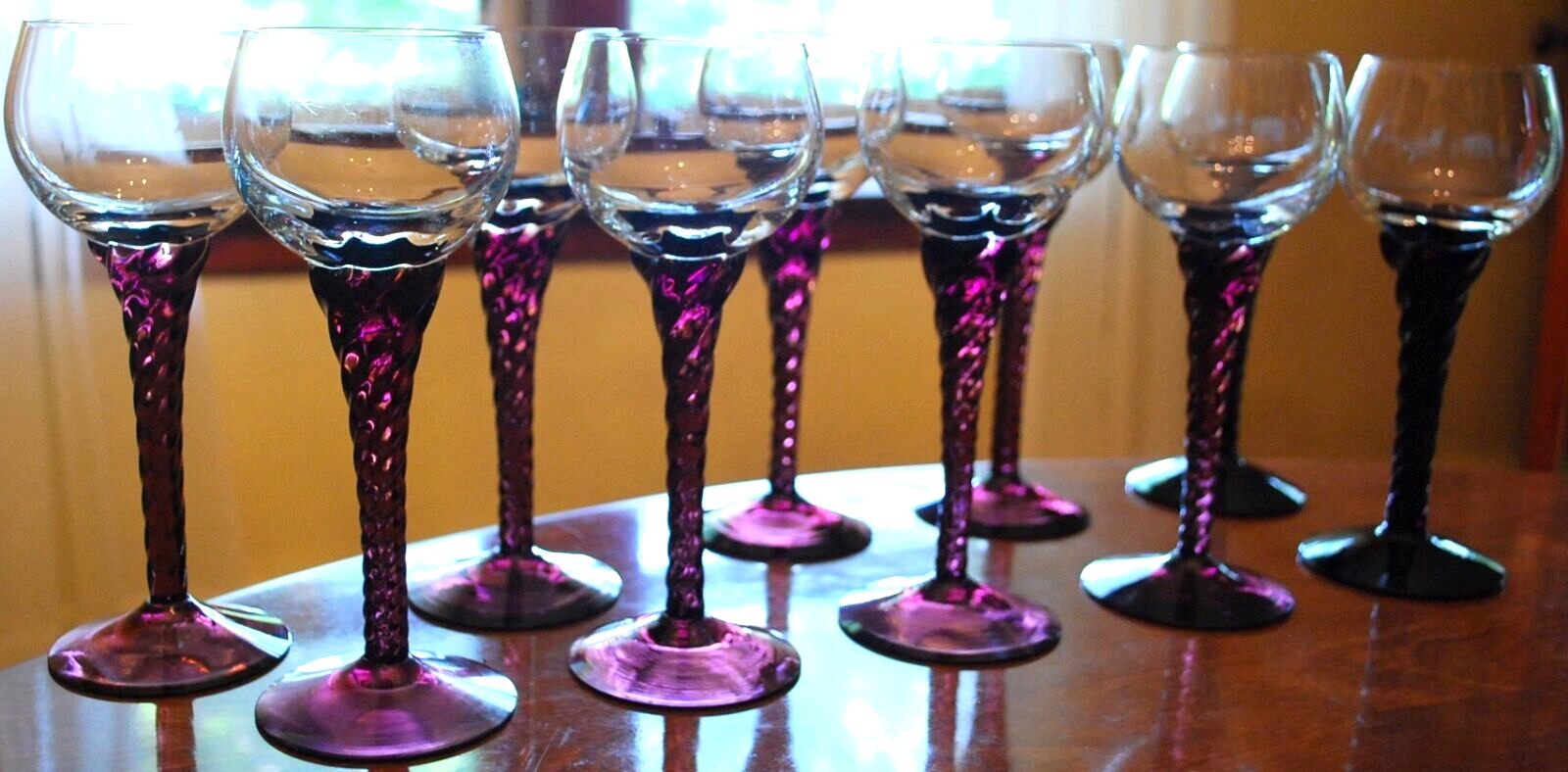 Vtg Set 10 AMETHYST PURPLE TWIST STEM WINE GLASSES Clear Bowl Hand Blown 7 1/8\