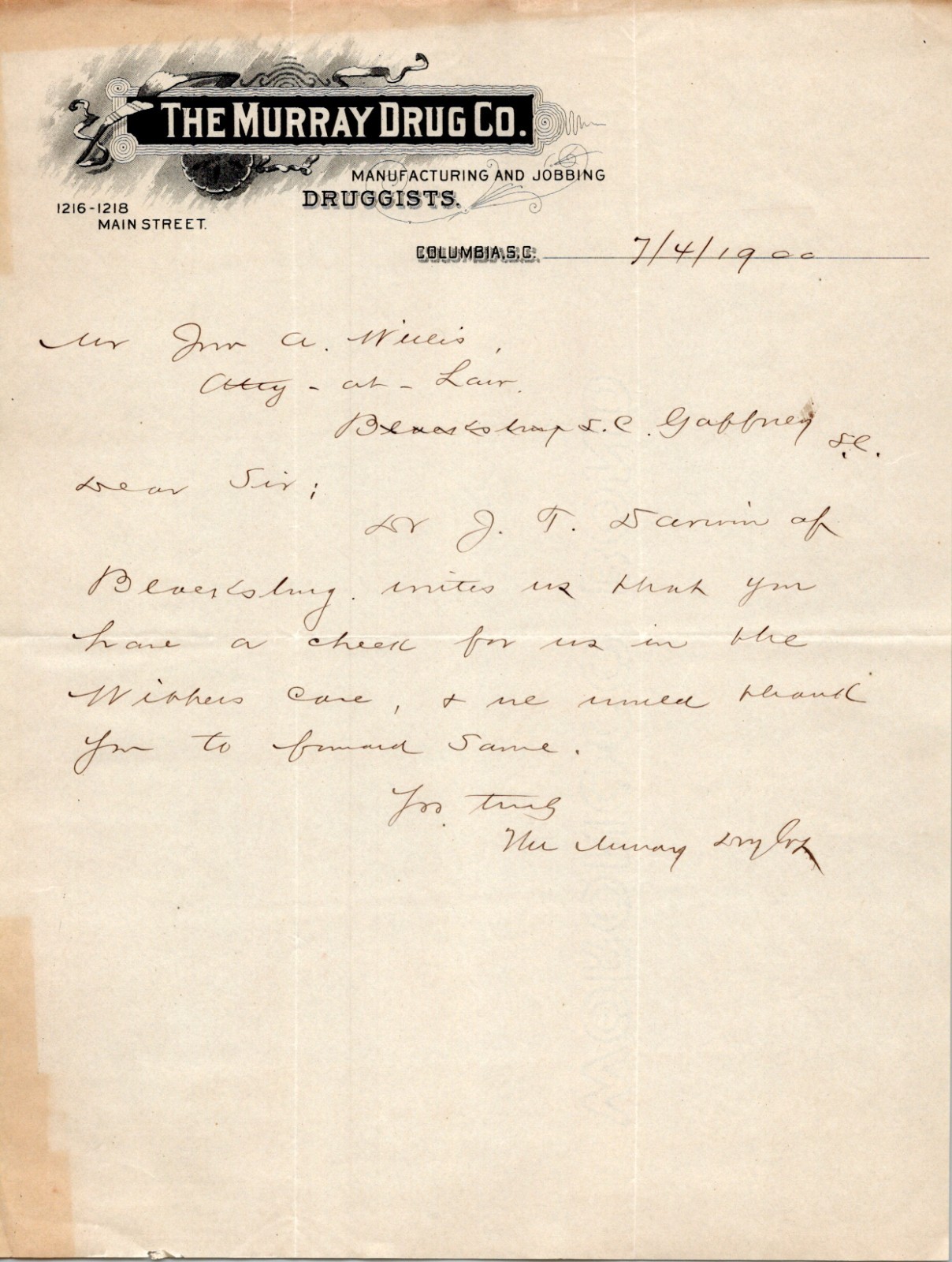 1900 The Murray Drug Co Columbia SC Handwritten Letterhead Druggists Ephemera