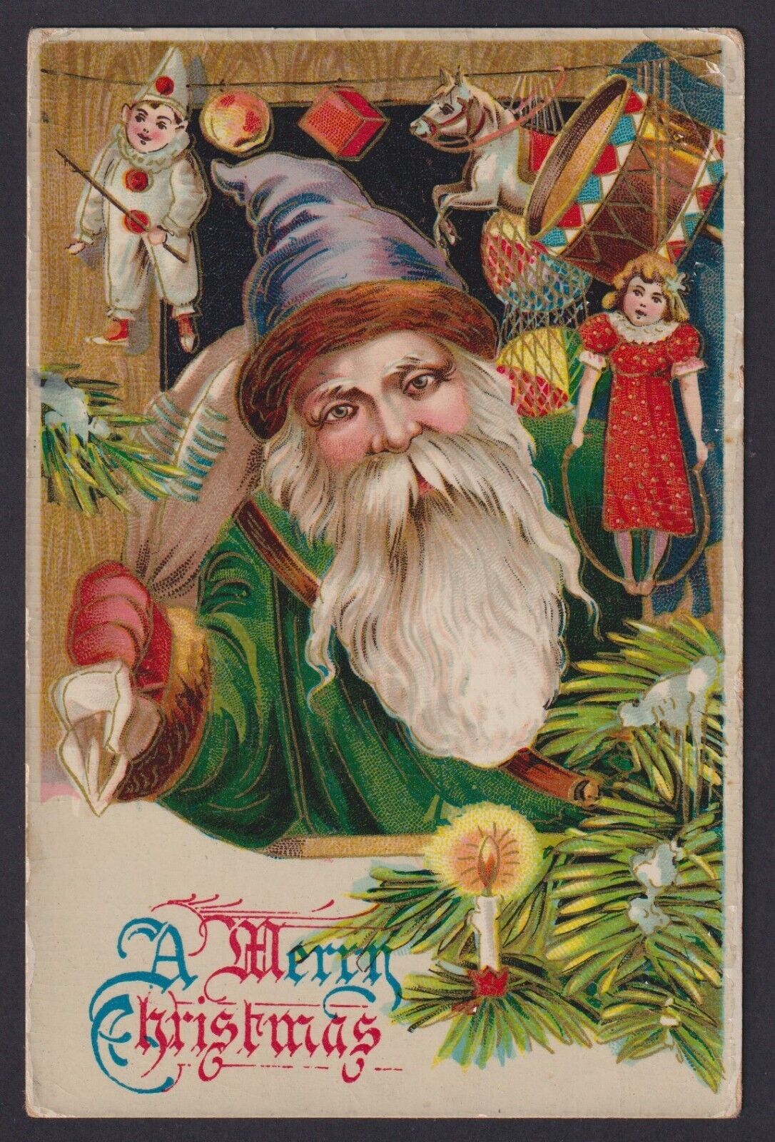 GEL Christmas Postcard Old World Santa Rare Blue Hat Green Robe Toys