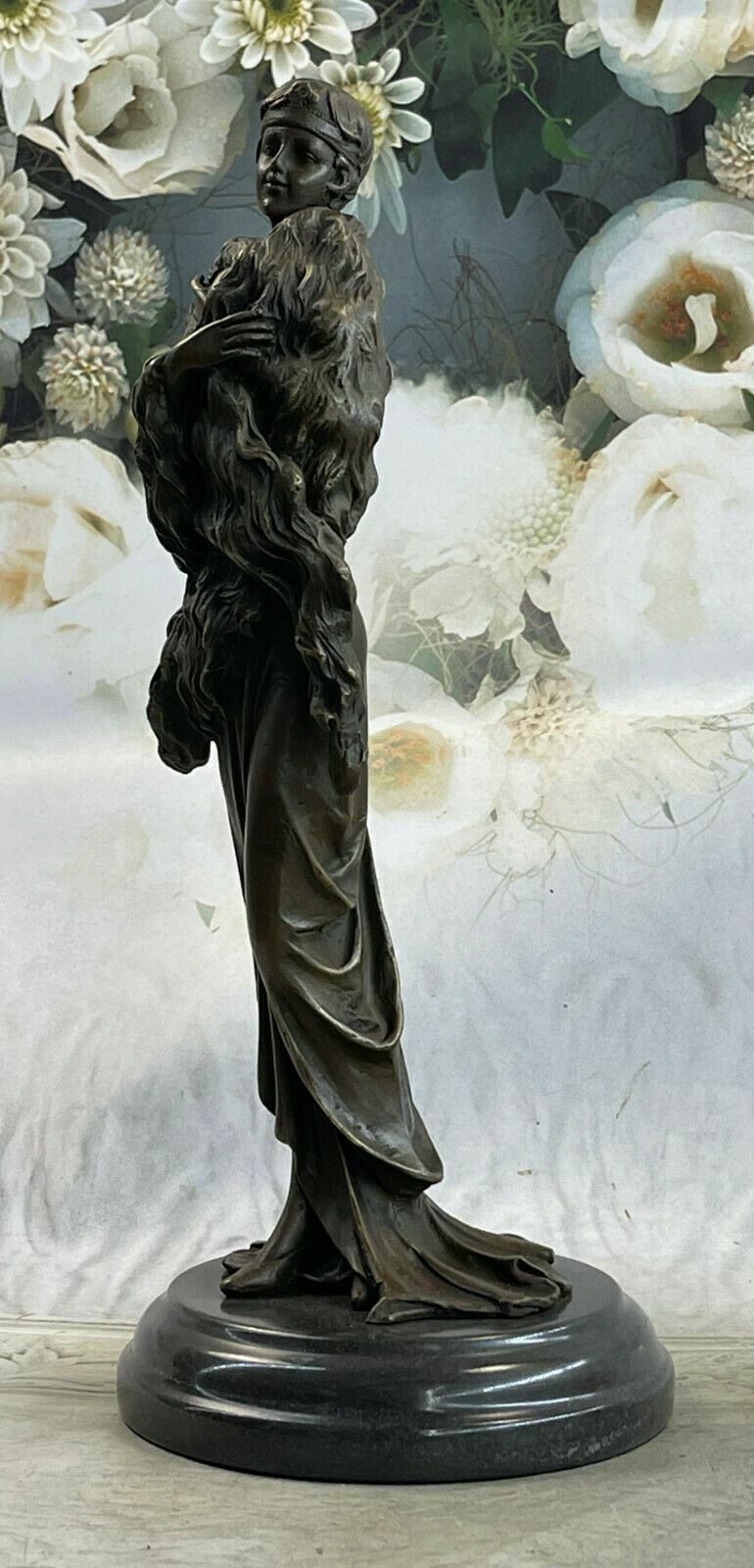 `Girl in Fur Coat’ 100% Genuine Bronze Sculpture  by ~Jean Patoue~Marble Base NR