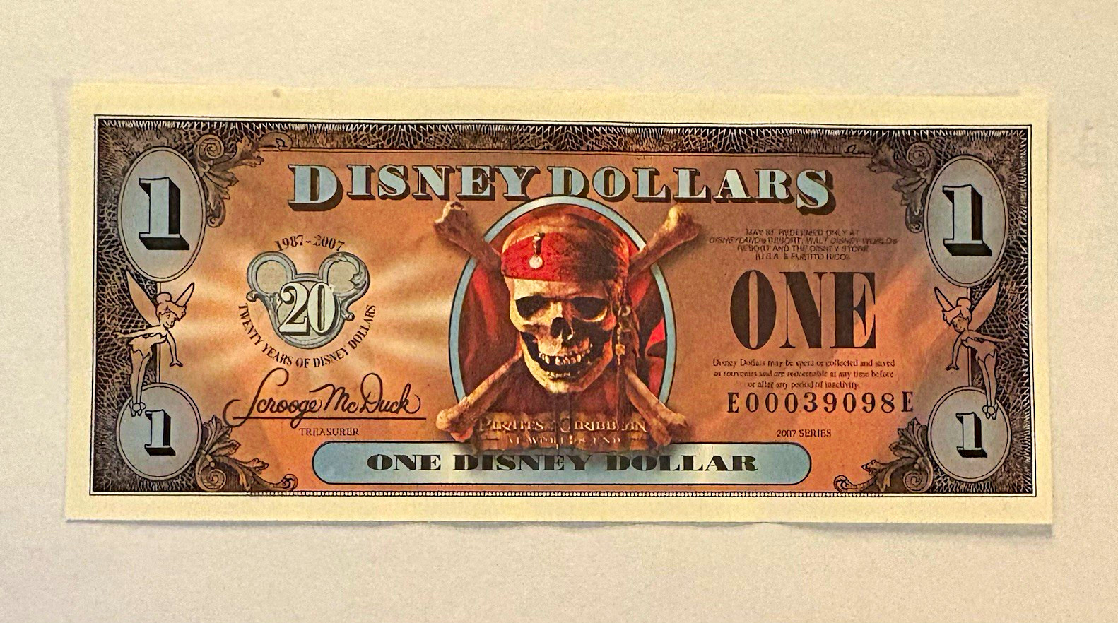 Disney Pirates of the Caribbean $1 Disney Dollars Note, Series 2007