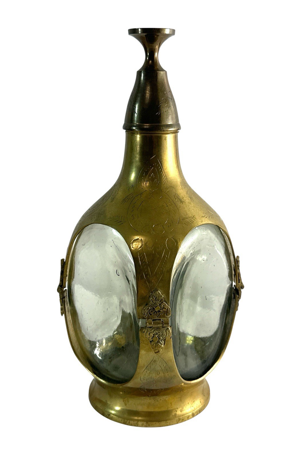 Vintage Indian Solid Brass & Glass Liquor Decanter Flask with Cup Stopper 10” Vintage Indian Solid Brass & Glass Liquor Decanter Flask with Cup Stopper 10”