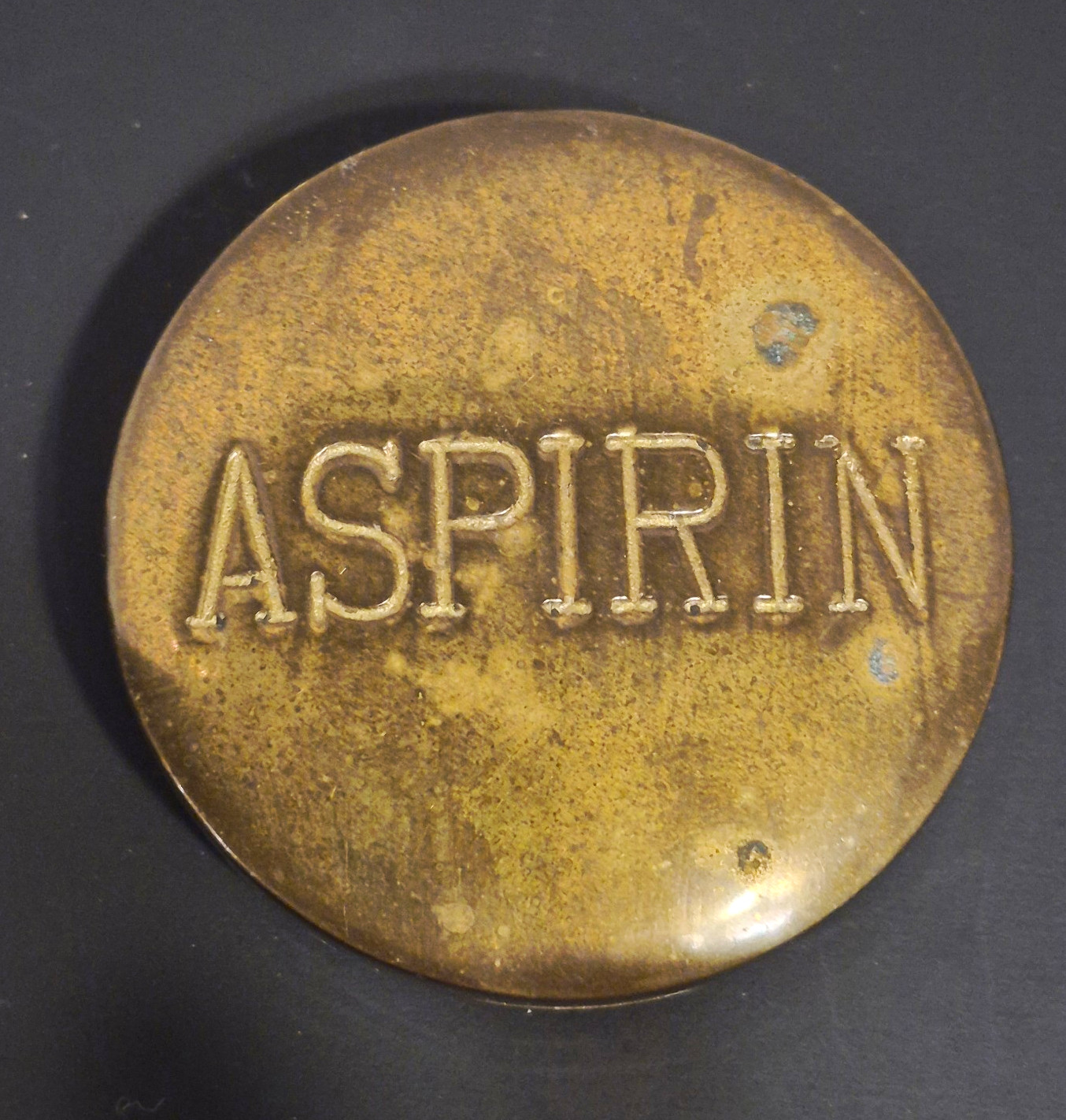 Vtg Mid Century Solid Brass Aspirin Pill Box Oversized Screw Top Pat Pend 2.5\