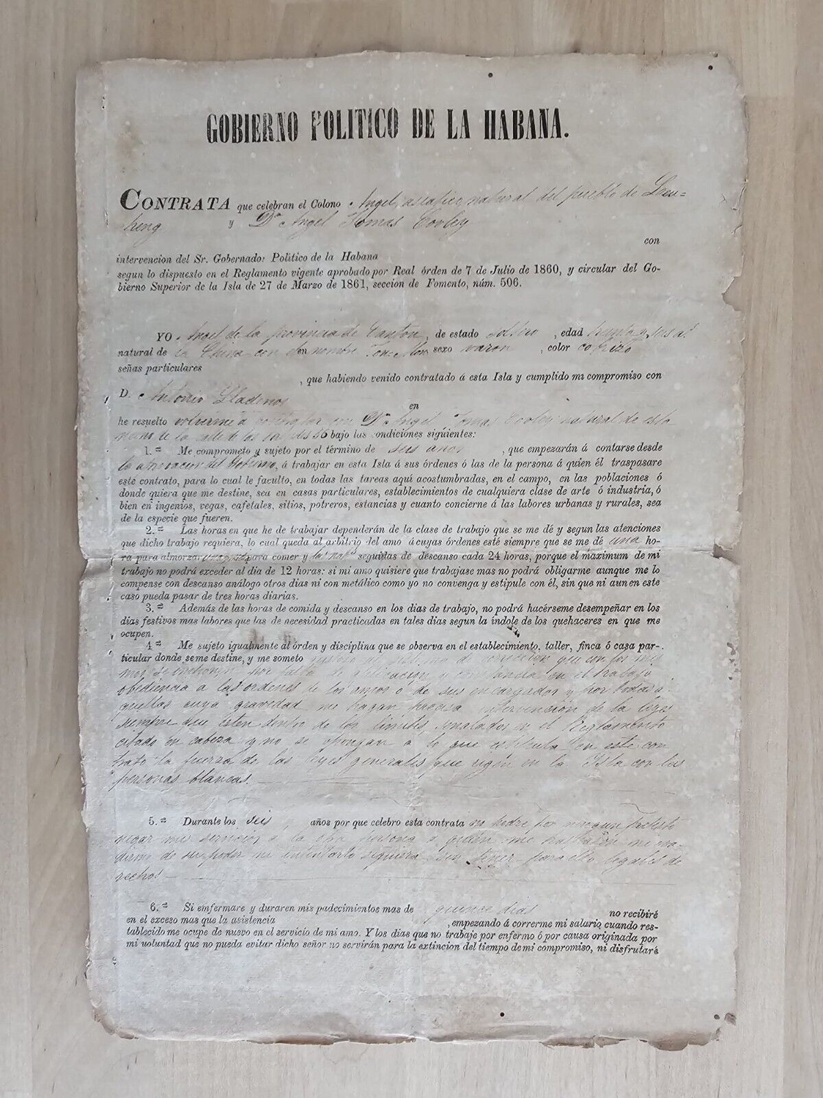 ANTIQUE 1861 CHINA CHINESE SLAVES HAVANA CUBA CONTRACT DOCUMENT SIGNED