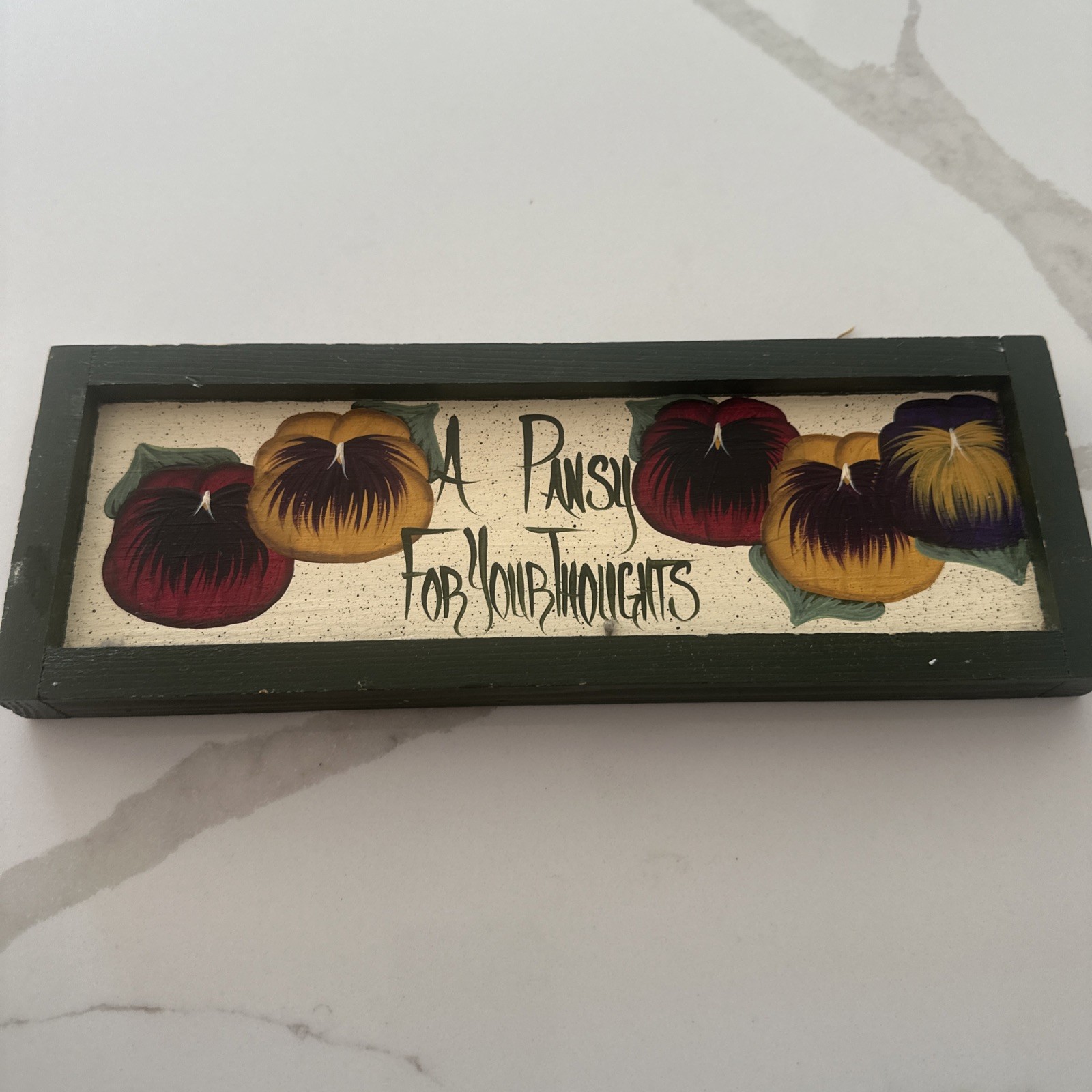 Primitive Farm Folk Art Wooden Wall Hanging Hand Painted Pansy Garden Signed VTG