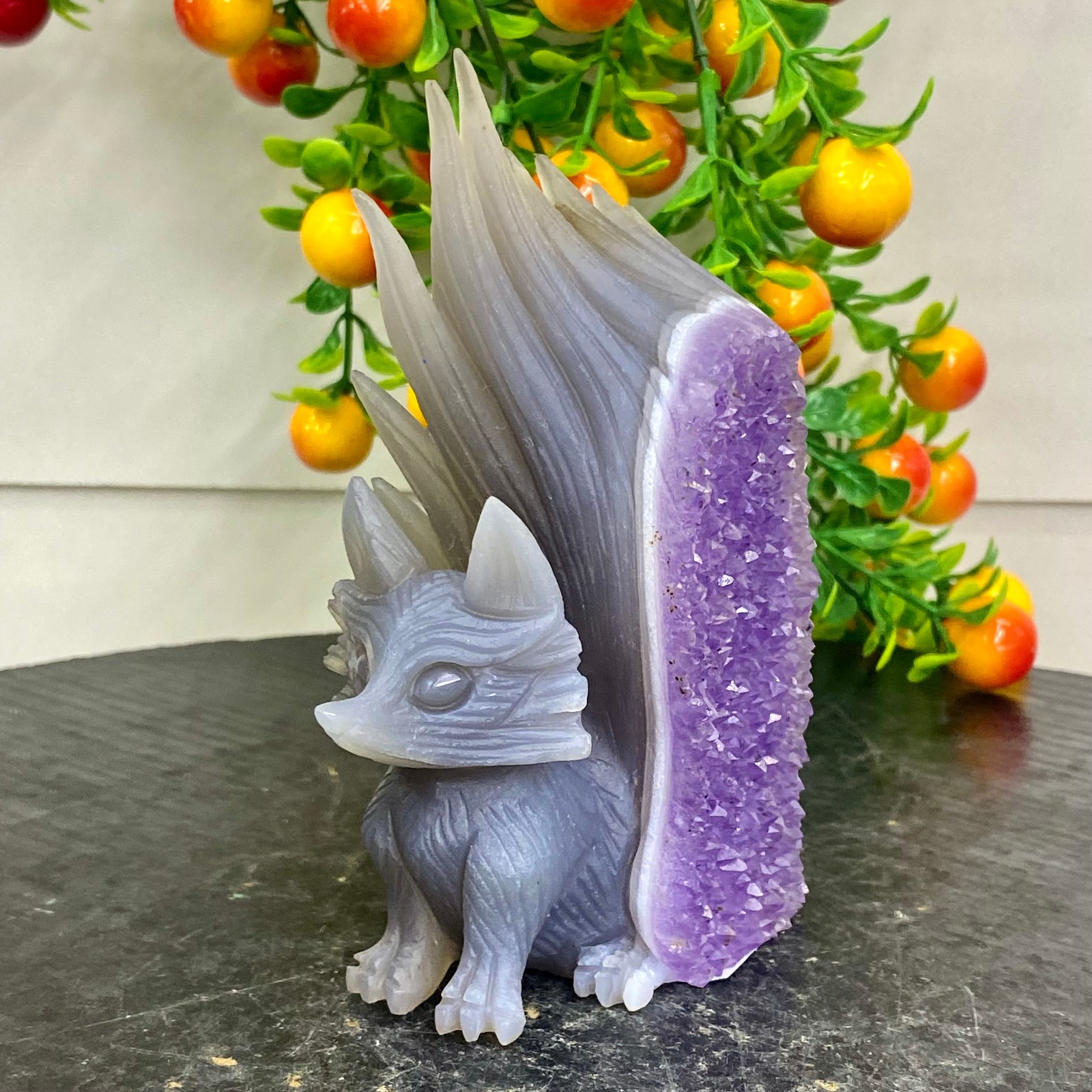438G Natural Agate Geode Hand Carved Nine-tailed Fox Quartz Crystal Decor