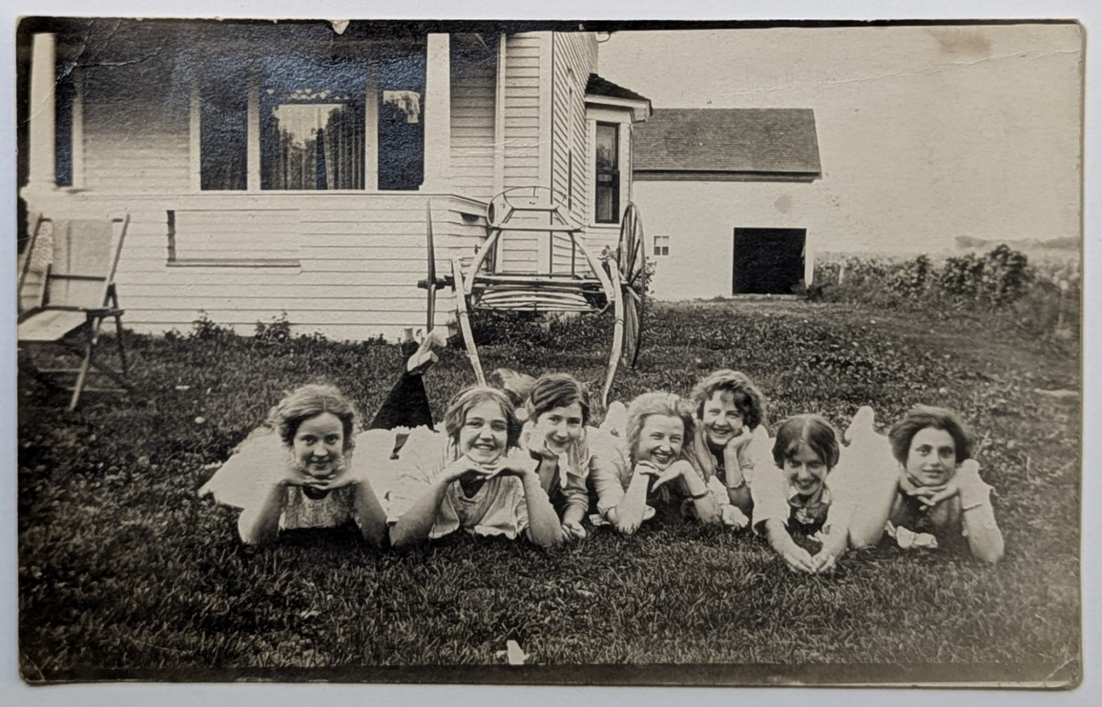 1913 Women Lying in Grass Farmhouse Buggy RPPC Antique Velox Real Photo Postcard