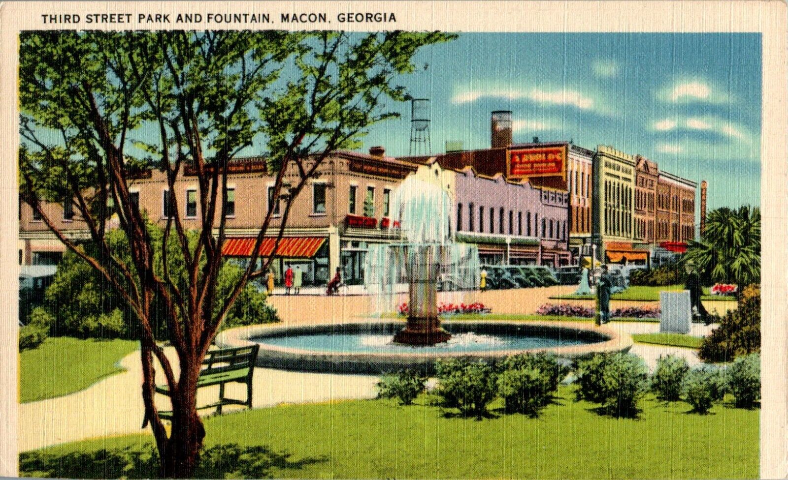 Third Street Park and Fountain, Macon, Georgia GA linen Postcard