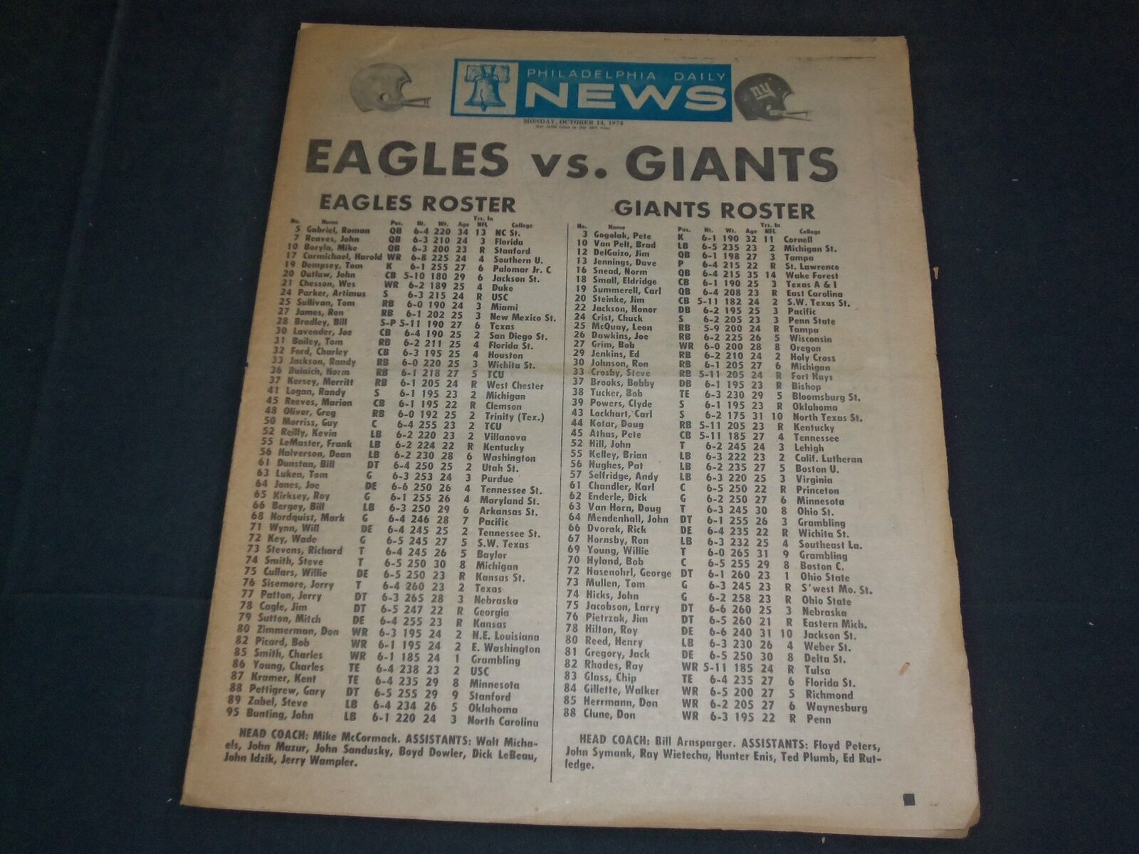 1974 OCTOBER 14 PHILADELPHIA DAILY NEWS NEWSPAPER - EAGLES VS. GIANTS - NP 3512