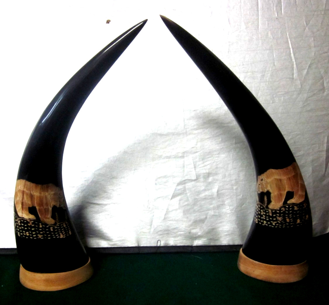 Vintage Pair of Large 1950's Hand Carved Water Buffalo Horns - BEARS - Wood Base