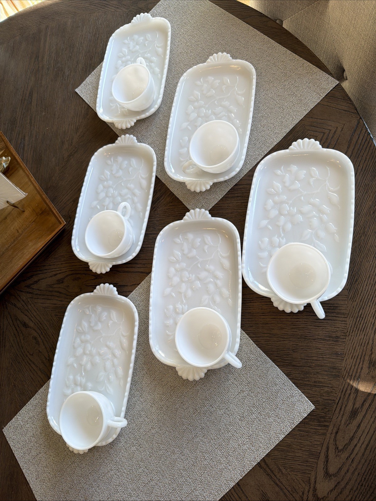 Vintage 1930’s Hazel Atlas Dogwood Pattern Milk Glass Snack Sets Serves 6