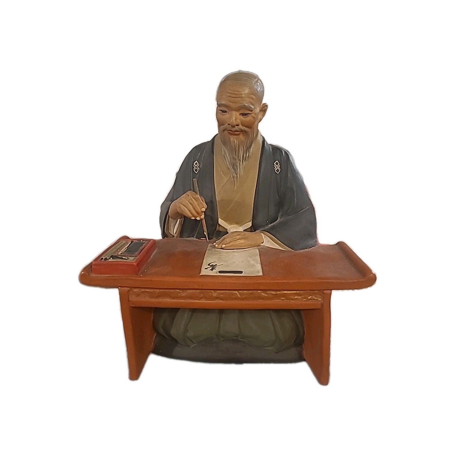 Vintage Japanese Hakata Urasaki Clay Doll Figurine Man Writing at Desk 8.5