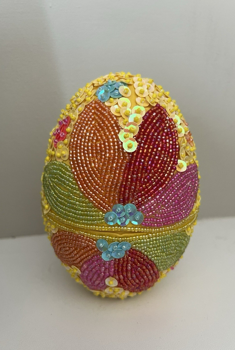 Godiva Sequin Beaded Easter Egg Trinket Box Yellow with Colorful Flower 6 x 3.75