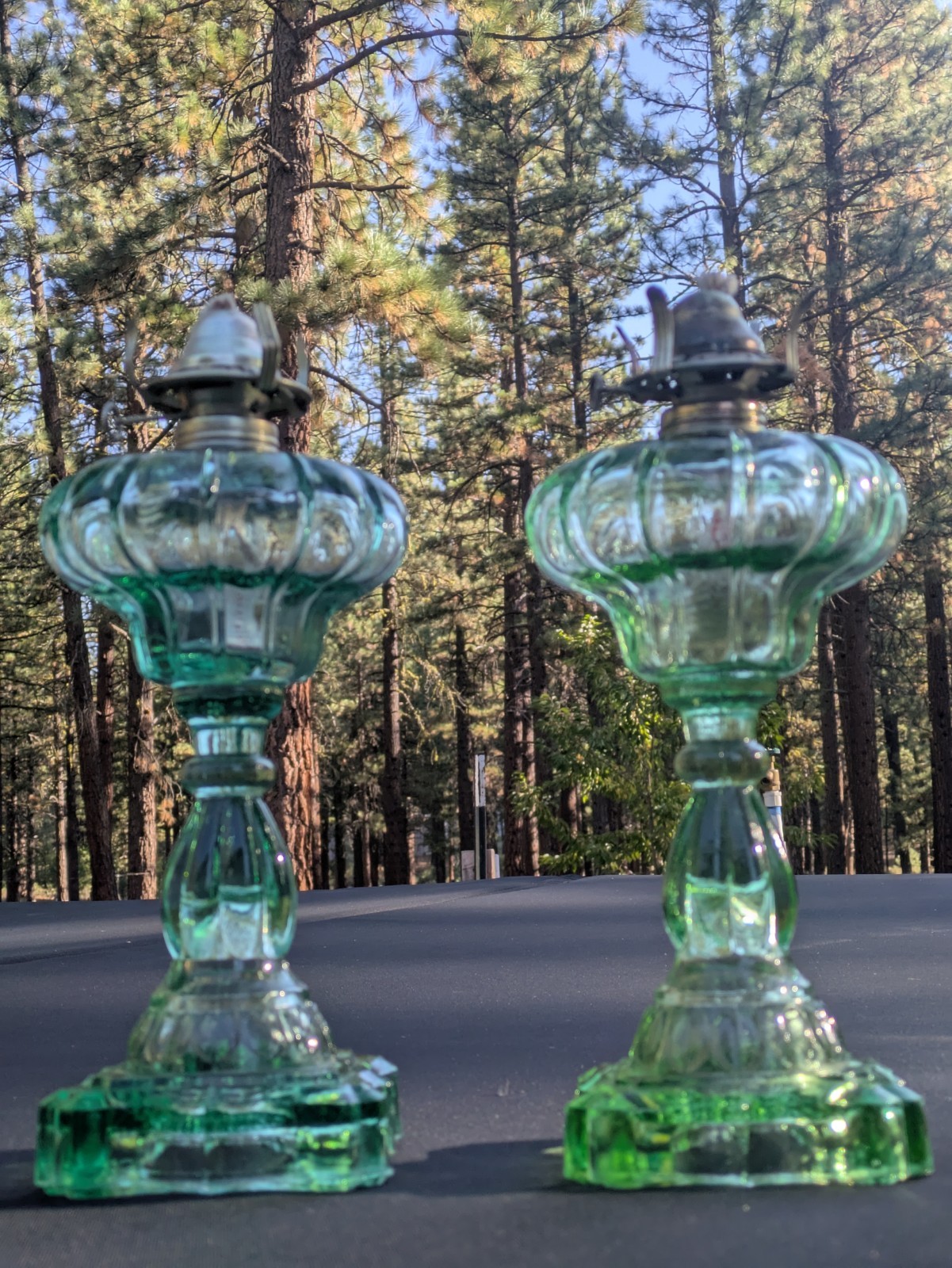 Vintage Pair of Green Depression Glass Oil Lamps - 11\