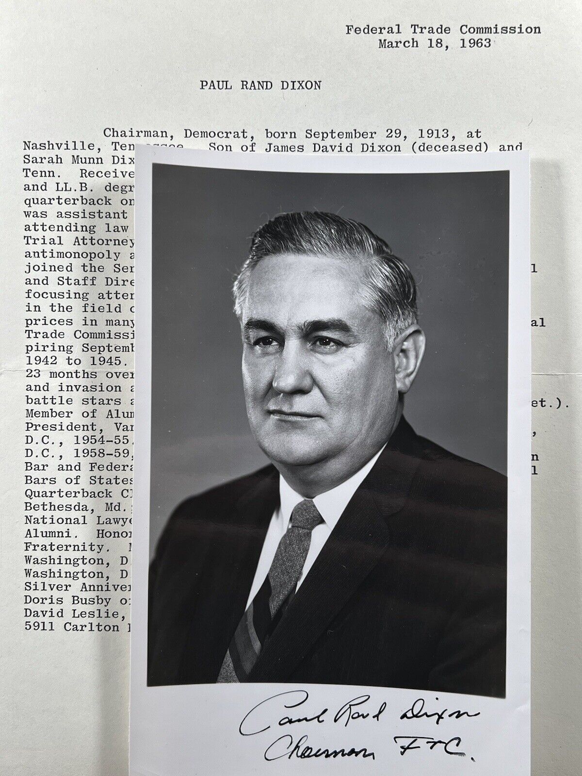 Rare Rand Paul Dixon Signed Photo FTC Federal Trade Commission Chairman 1963 Bio
