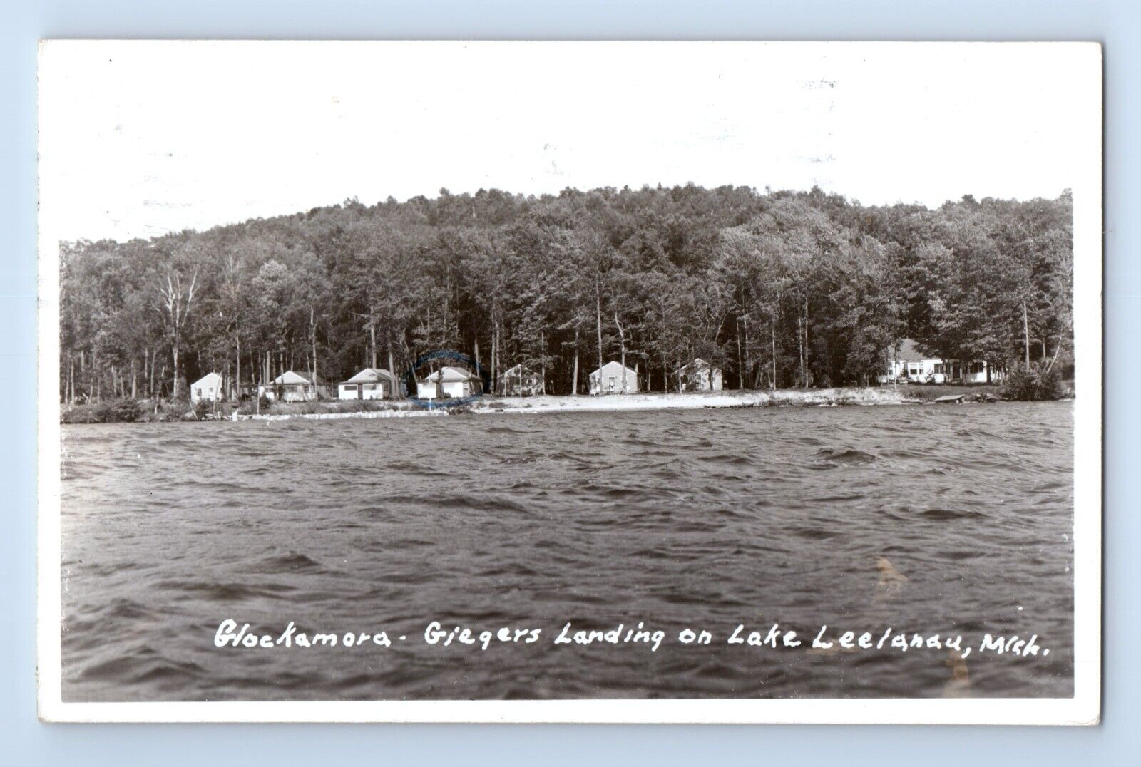 c.1951 RPPC Glockamora Giegers Landing Lake Leelanau MI Amber Sands Resort Cabin