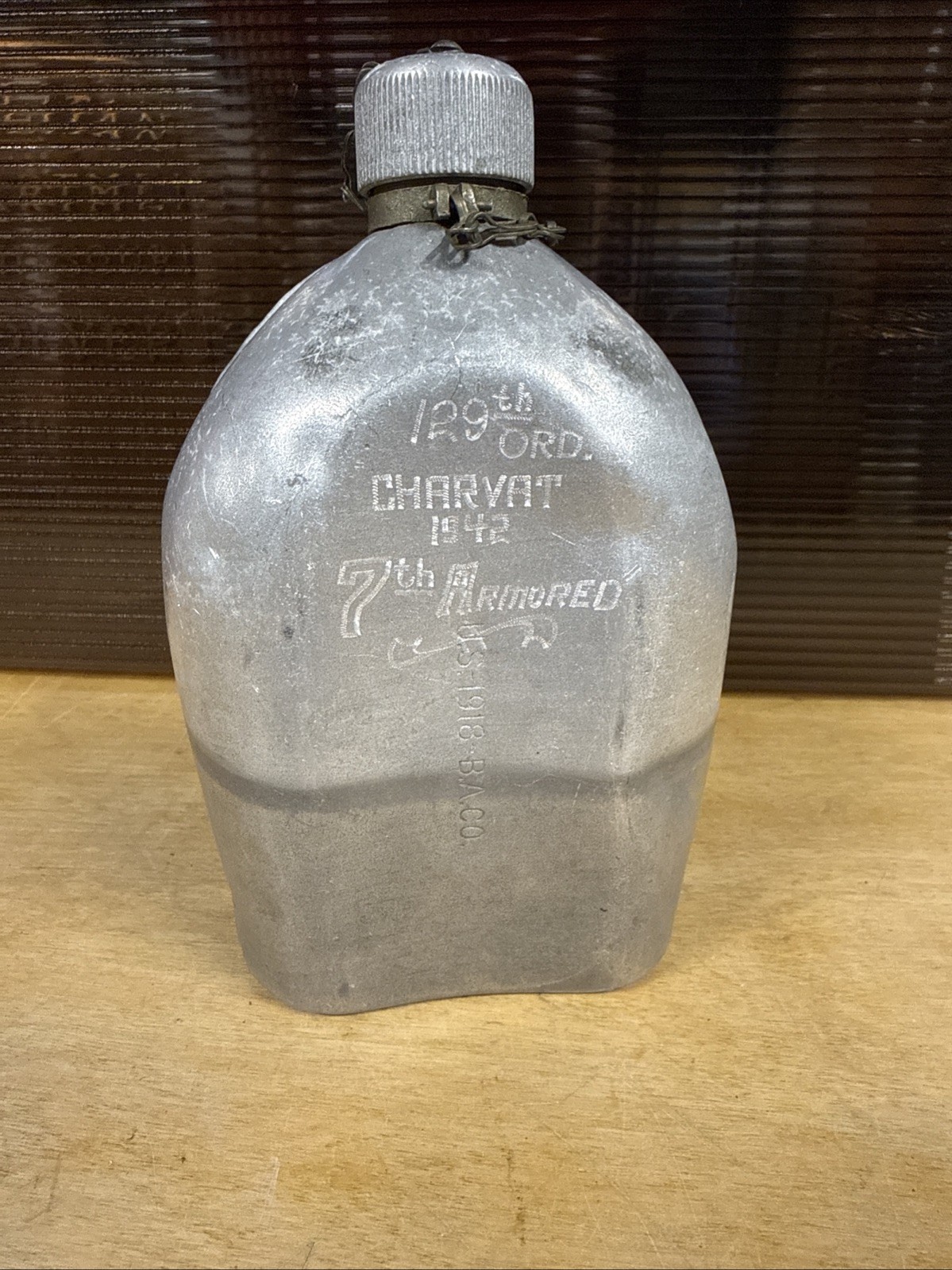WW2 U.S. 1918 B.A. Co Canteen Trench Art 129th Ordnance 7th Armored Etched 1942