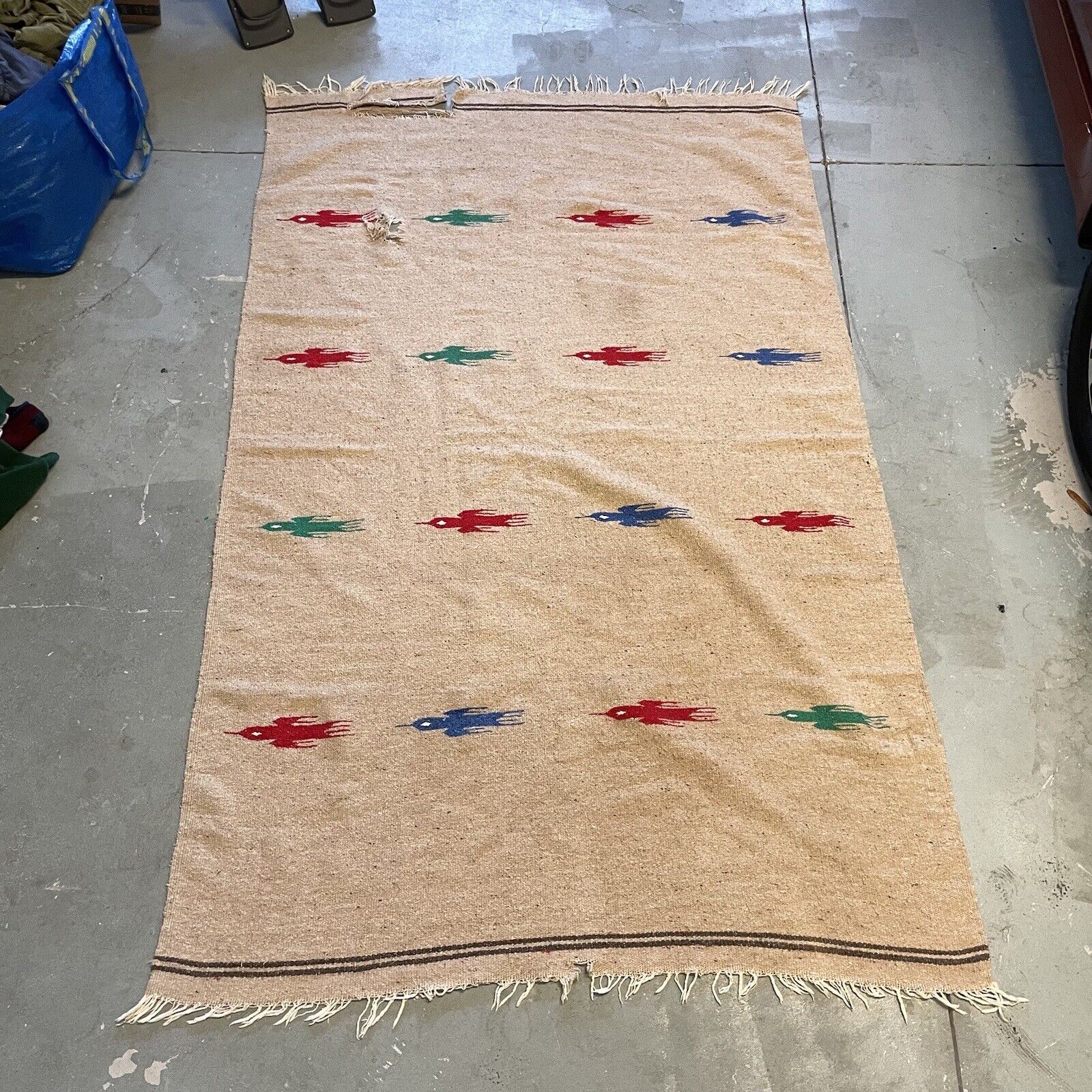 Vintage Chimayo Handwoven Wool Blanket Rug White Thunderbird 48